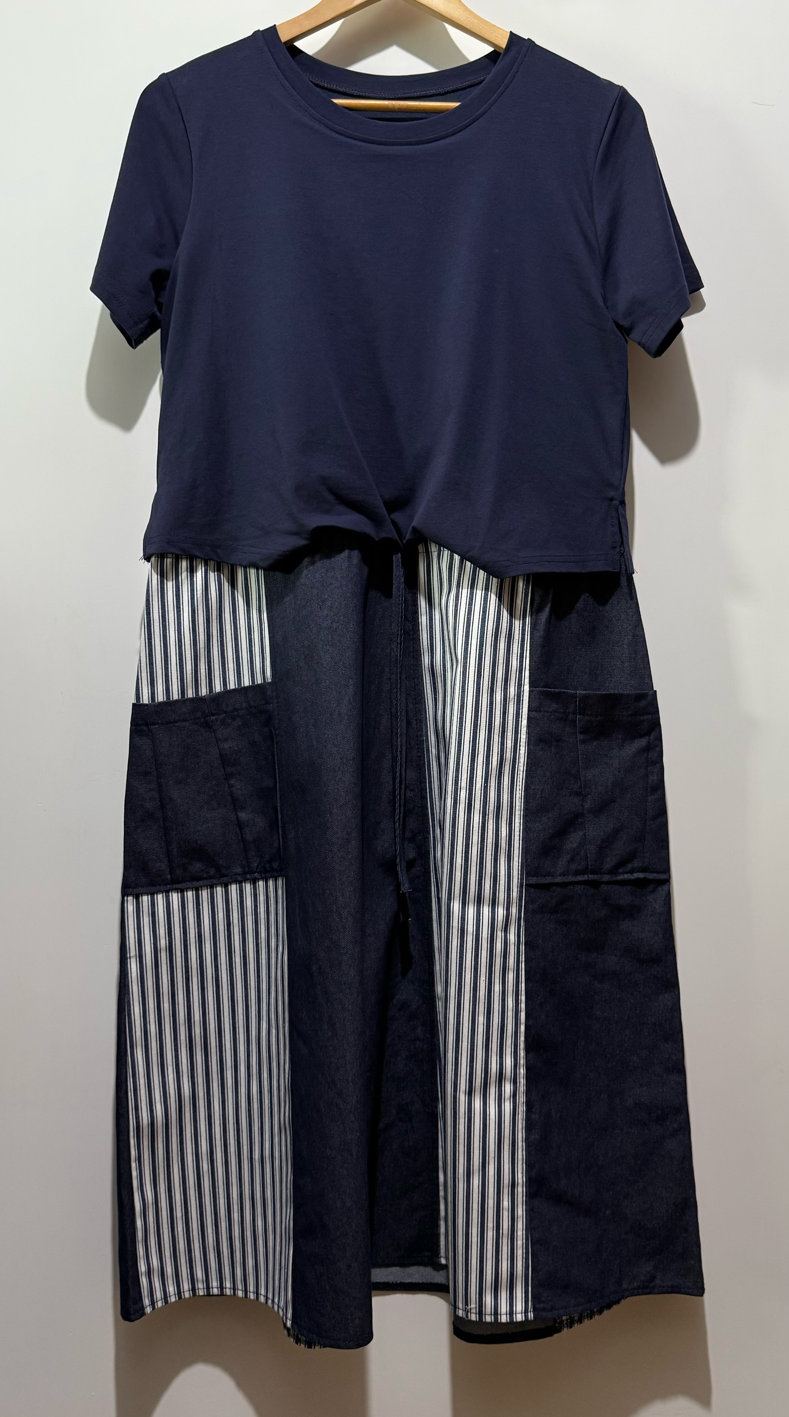 S00356 牛仔布拼條紋撞色Op