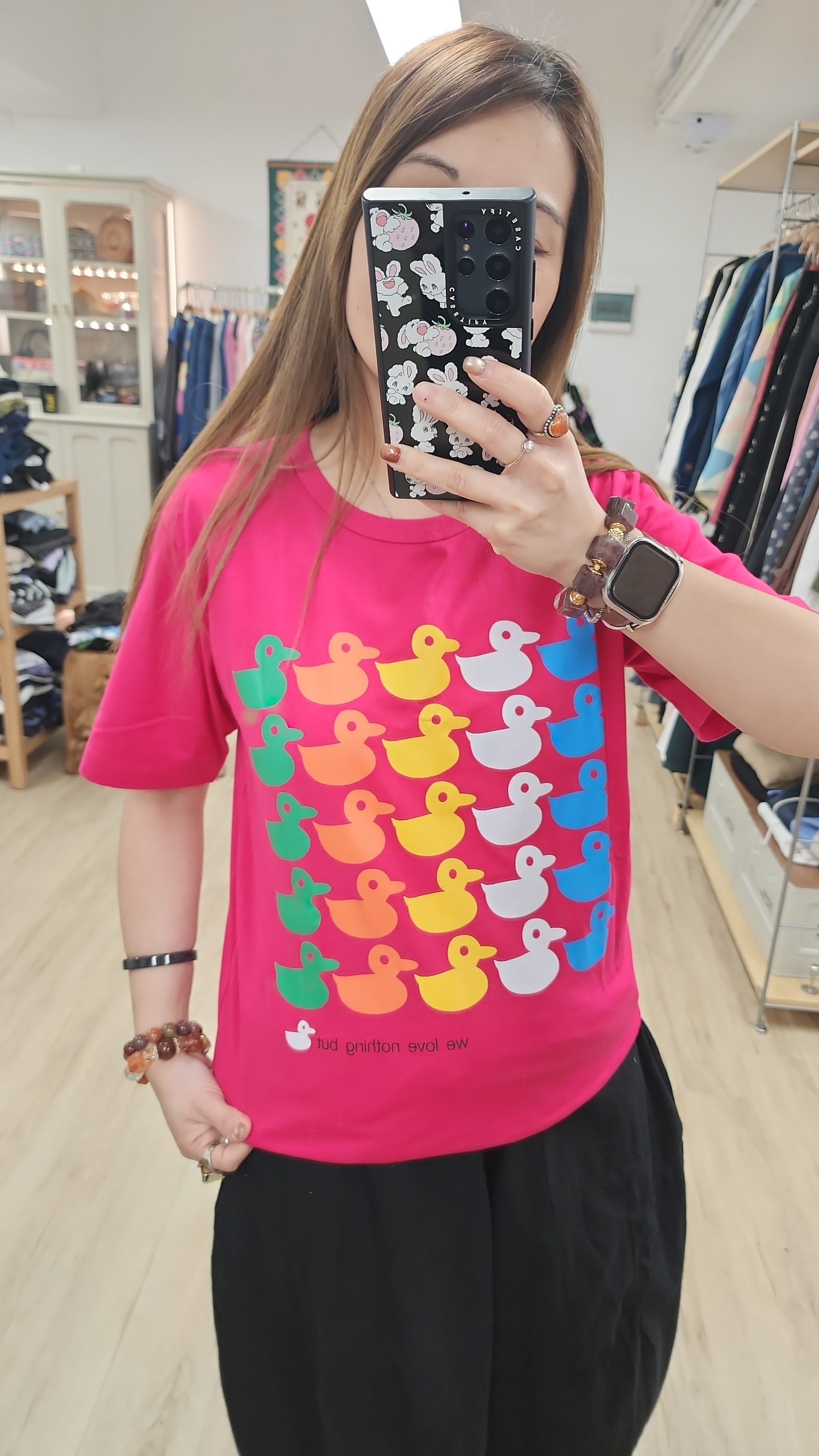 泰國粉紅彩鴨仔印圖棉Tee