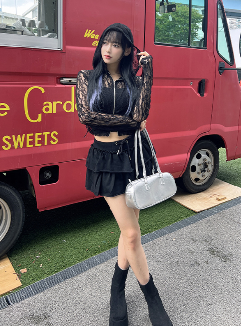 蕾絲連帽拉鍊外套 [ru1345]