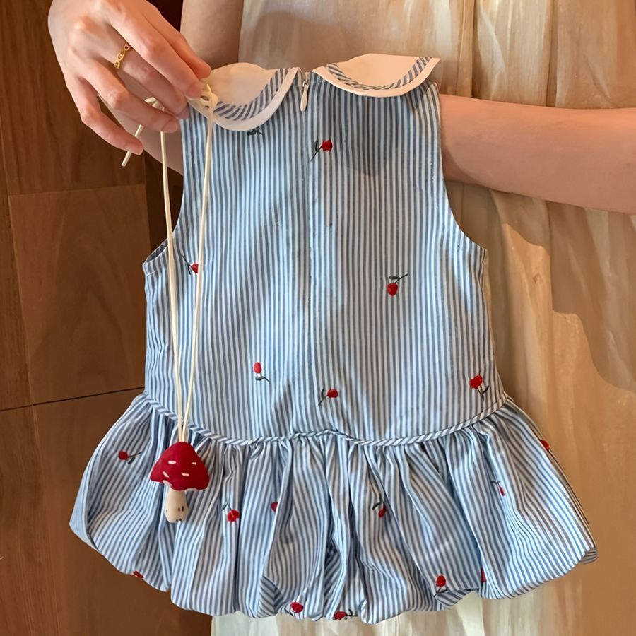 Striped Strawberry Bowknot Dress with Mushroom Necklace