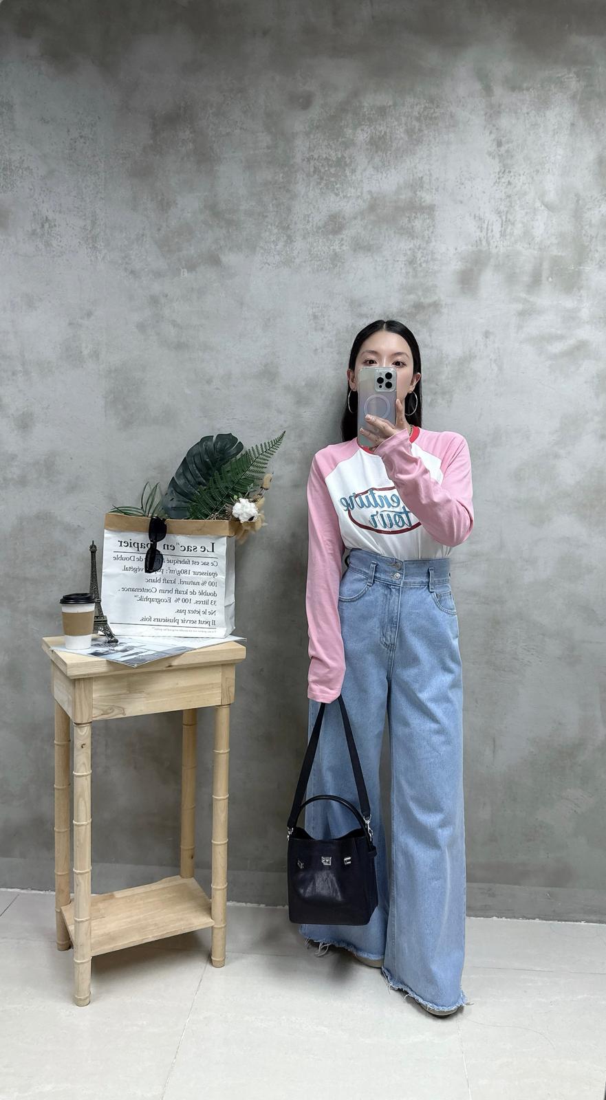 H06 拼色牛角袖print Tee