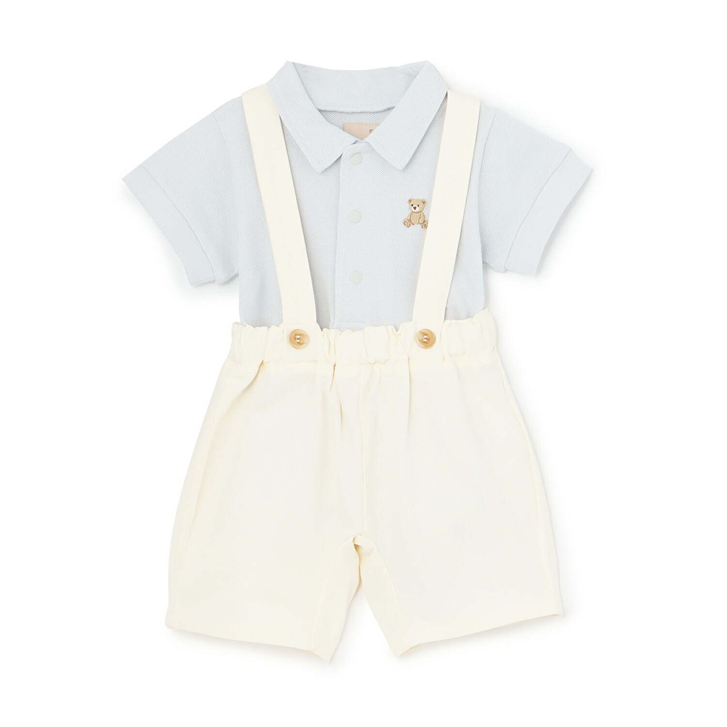 🇯🇵預訂 日本直送🇯🇵Petit Main兩色小熊刺繡翻領短袖包屁衣吊帶褲套裝