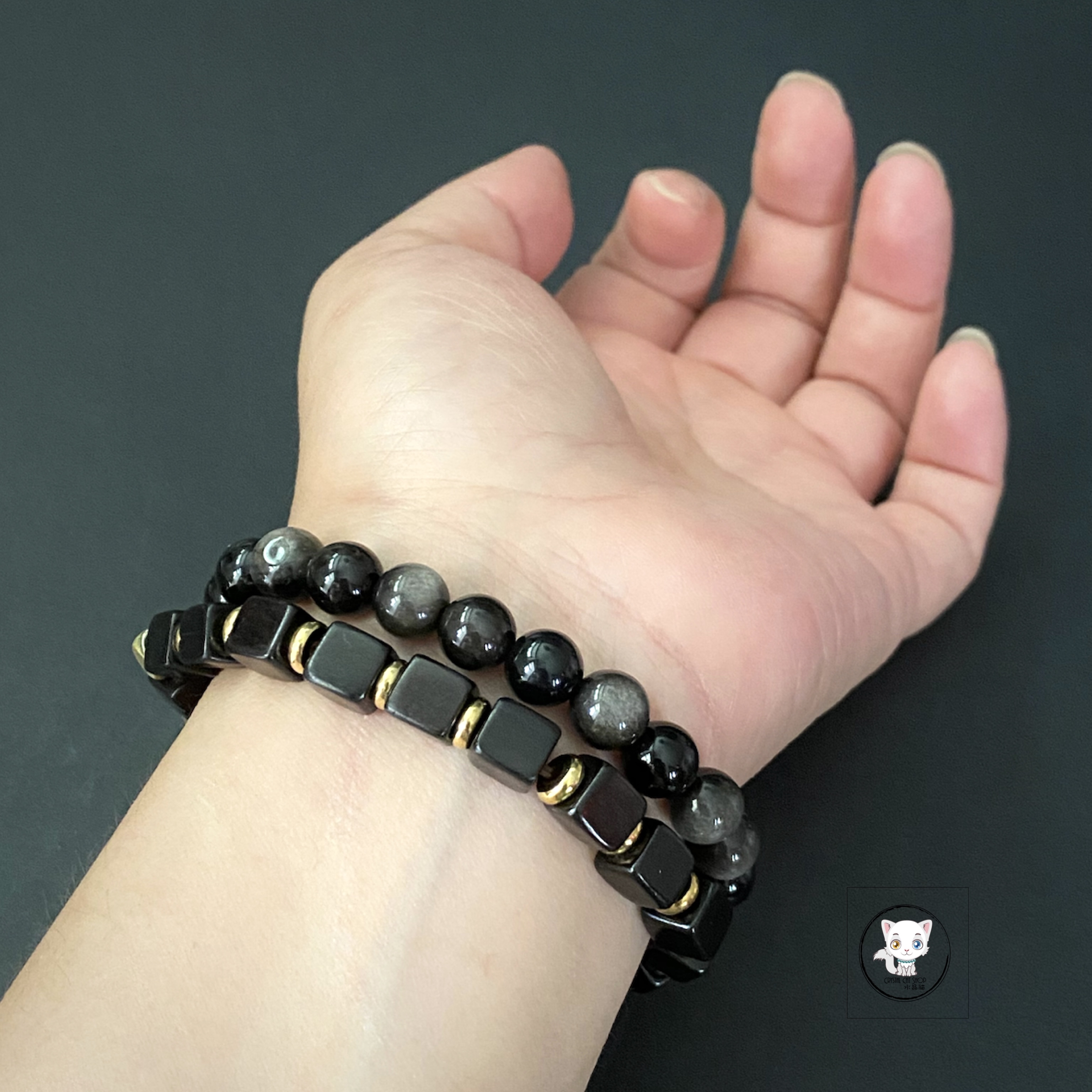 銀曜石配黑檀木兩圈手鏈 8mm