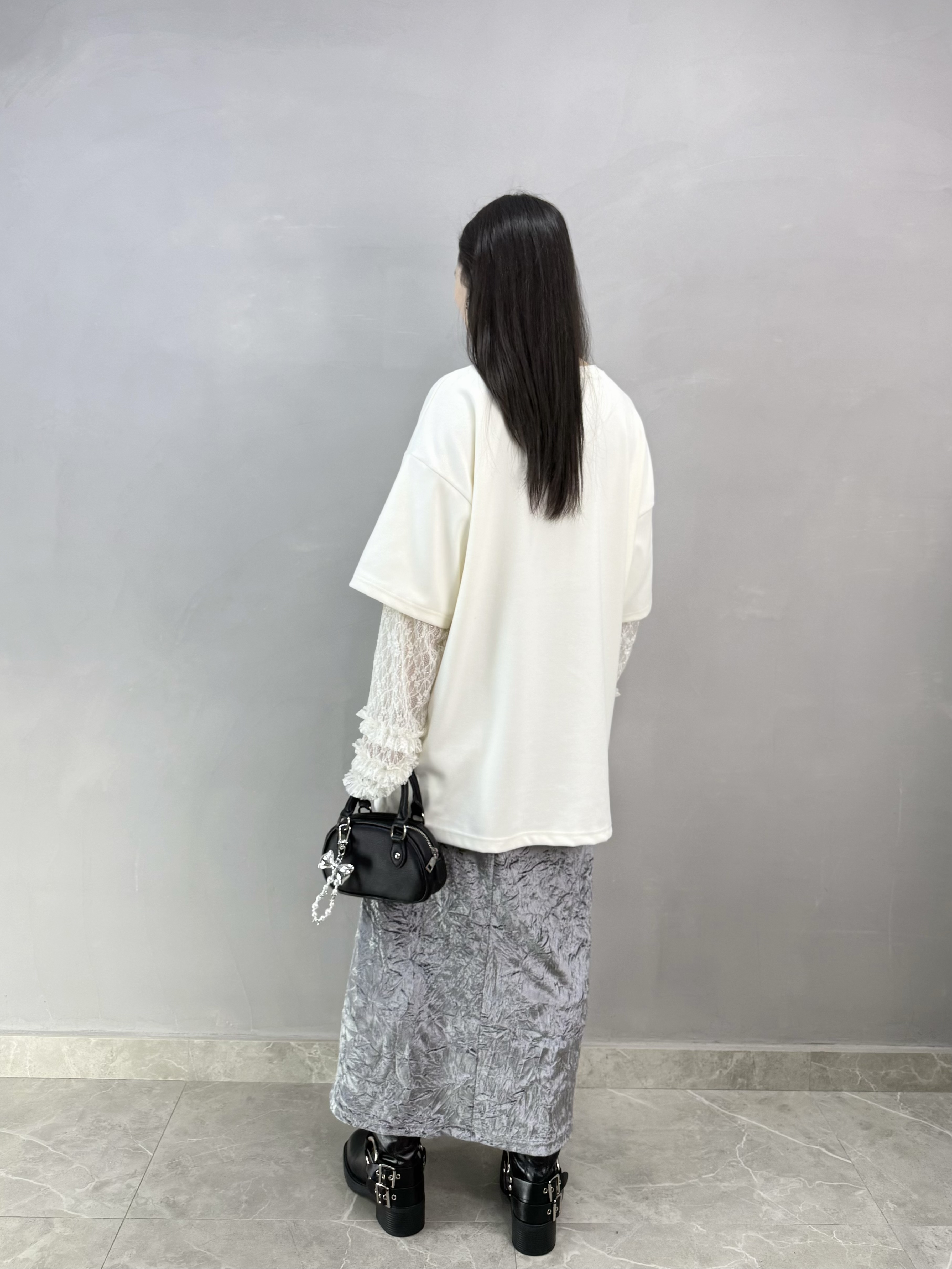 E68 lace袖花花print tee