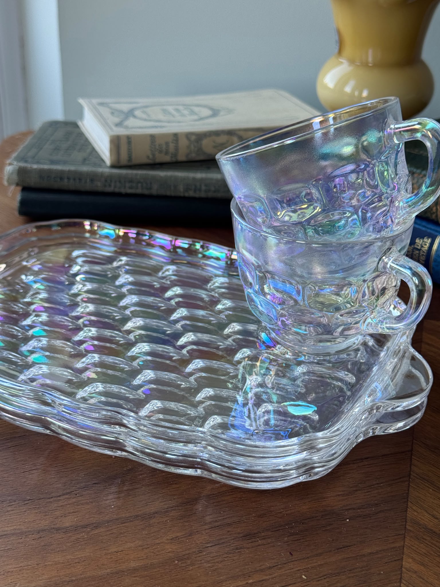 Vintage C.a. 1960s USA Federal Glass Yorktown “Thumbprint” Iridescent Snack Set -2 Sets  (MT2641)