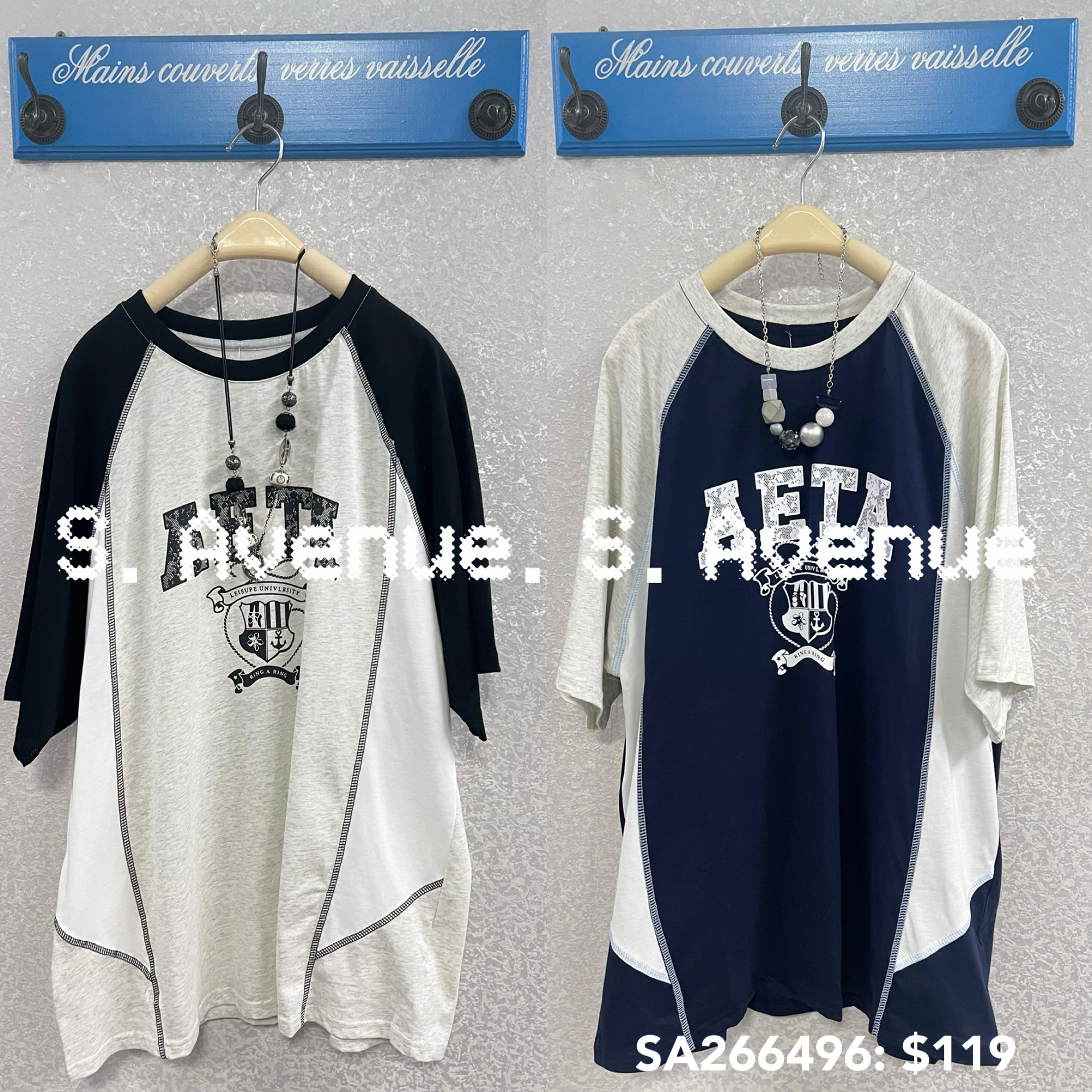 SA266496: 短袖拼色拼布英文字長tee