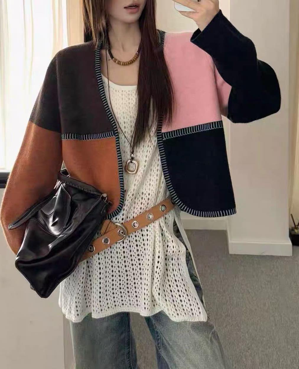 拼色V NECK針織外套