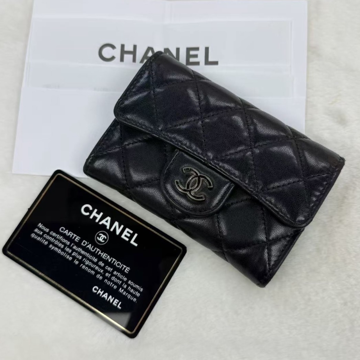 Chanel CC Bag 黑色羊皮菱格絎縫雙C Logo零錢包