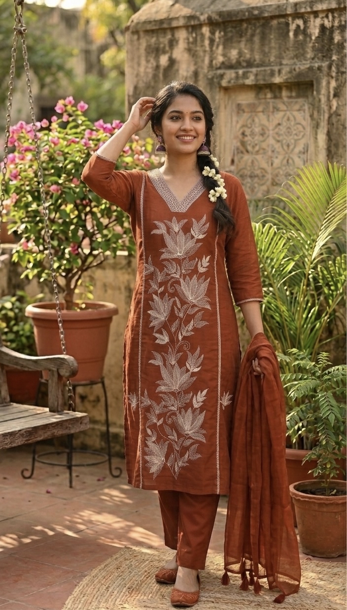 Rust Orange Embroidered Kurta set