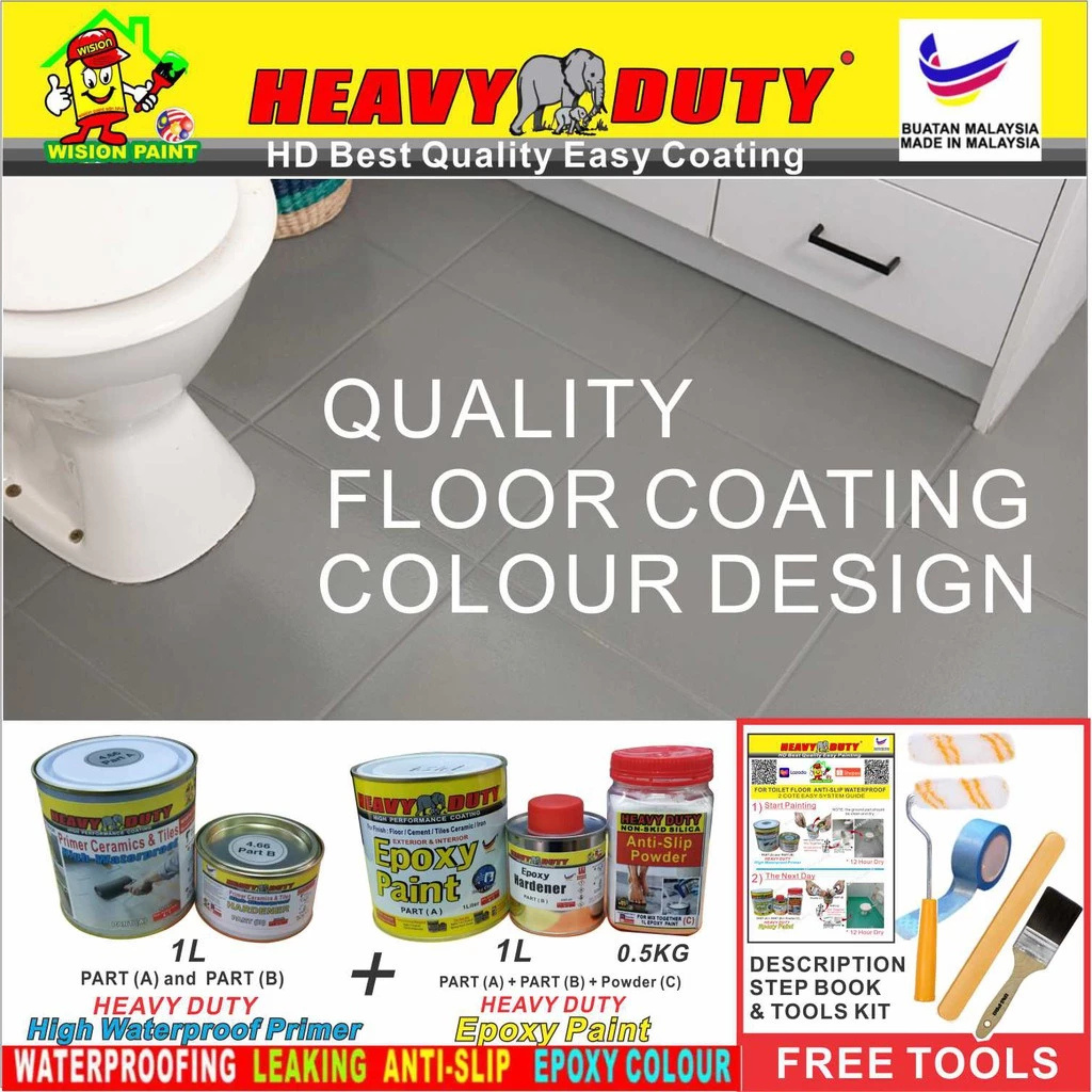 FULL SET (HEAVY DUTY BRAND) Floor Coating (Free Paint Tool Set) 1L Tile Primer + 1L Epoxy Colour + 0.5kg Non-skid Silic