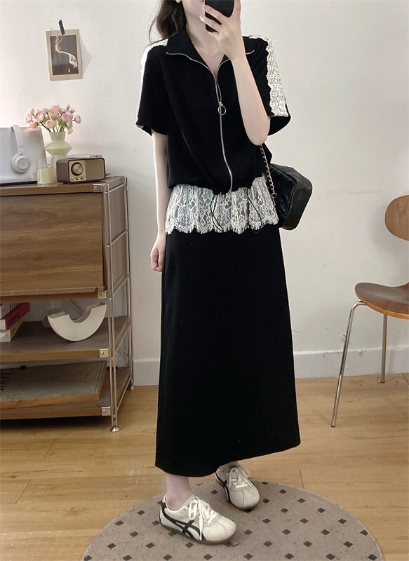 B205(3122) 法式时尚前排拉链拼肩袖蕾丝下摆束带上衣与蕾丝边长裙黑套装