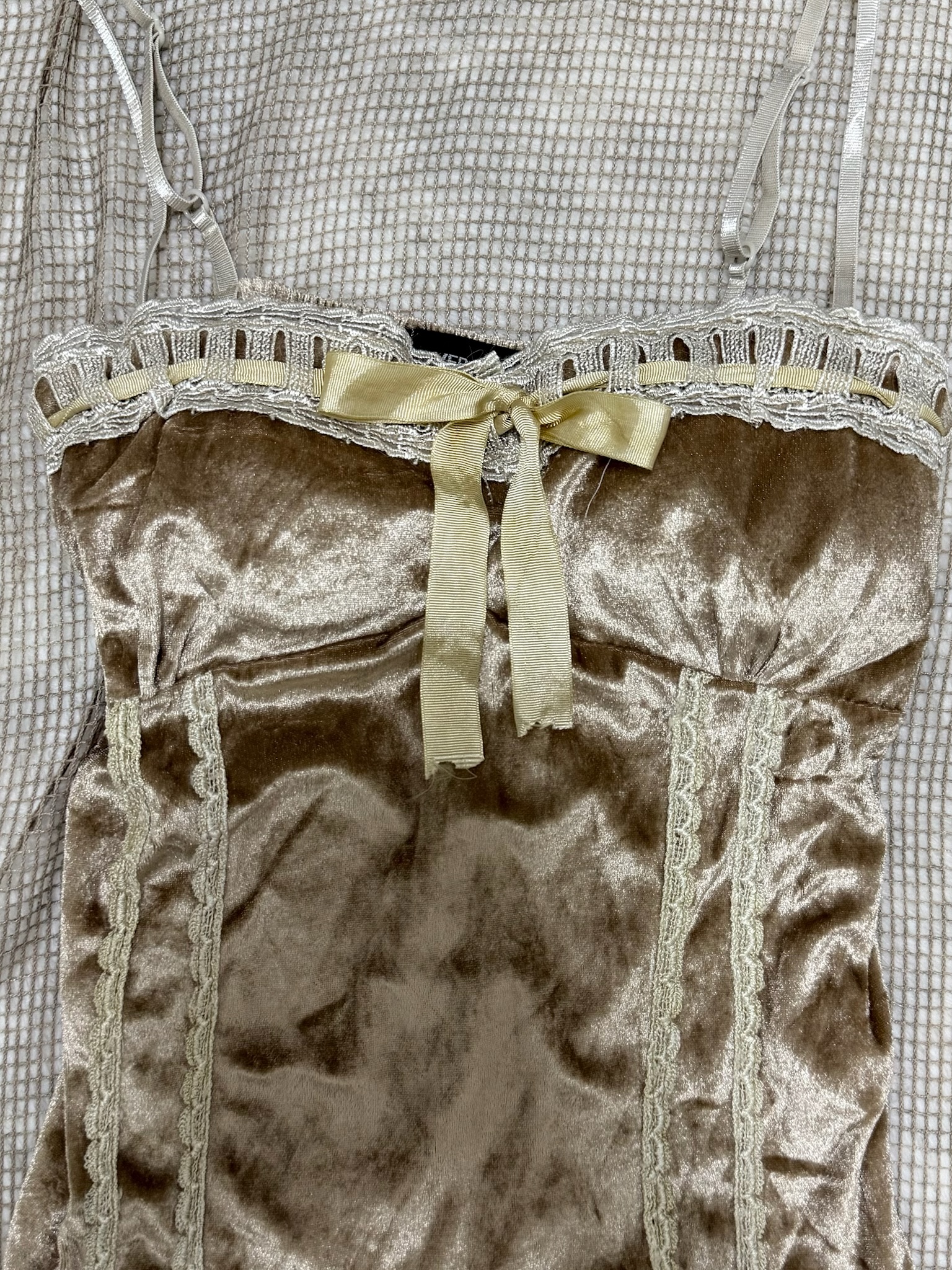 Crushed Velvet Bustier Cami with Lace Trim and Ribbon Bow