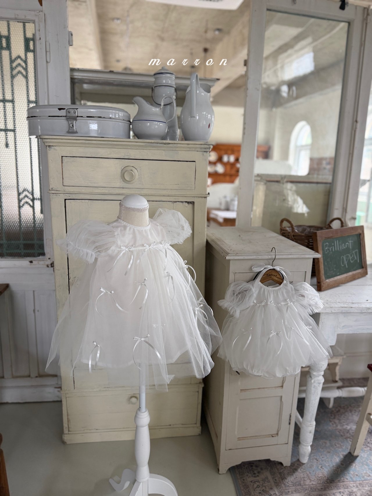 ☀️預訂 韓國直送☀️🇰🇷Marron兩色絲帶薄紗泡泡袖連身裙