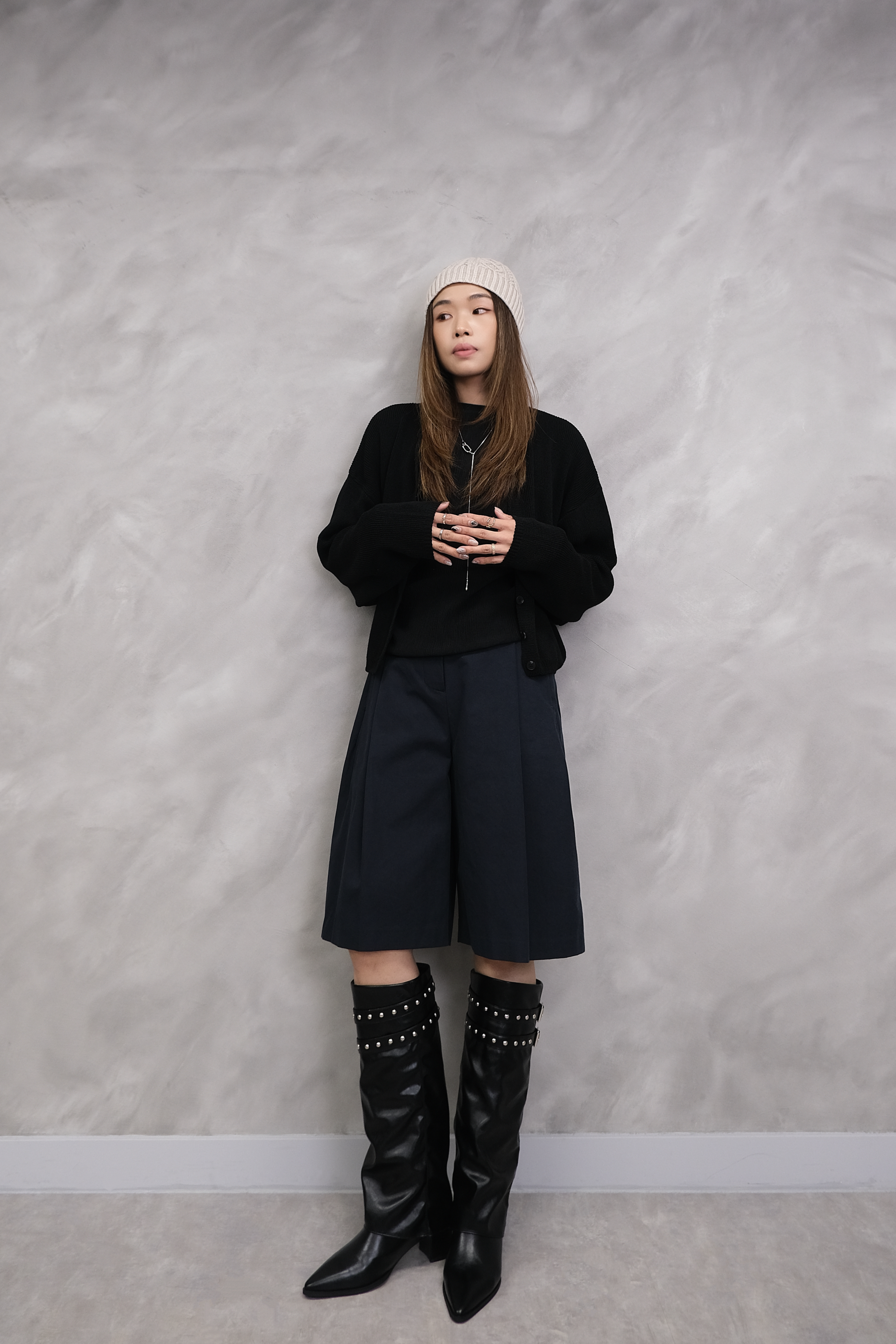 Pointed Studded Buckle Tall Boots