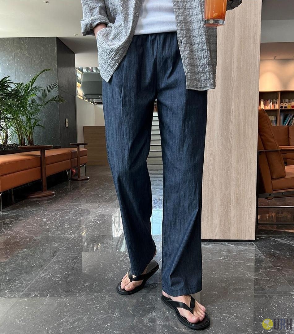 【100%保證韓國直送】Linen Denim 輕盈高透氣亞麻牛仔橡筋腰寬鬆闊腳褲 👖 [4 color] RG115867