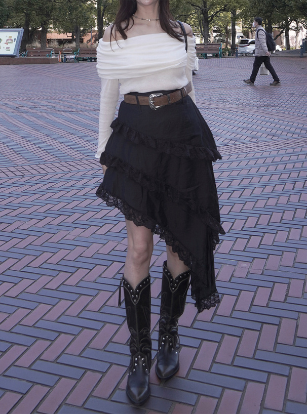 不對稱蕾絲蛋糕半身裙 [ru1515]