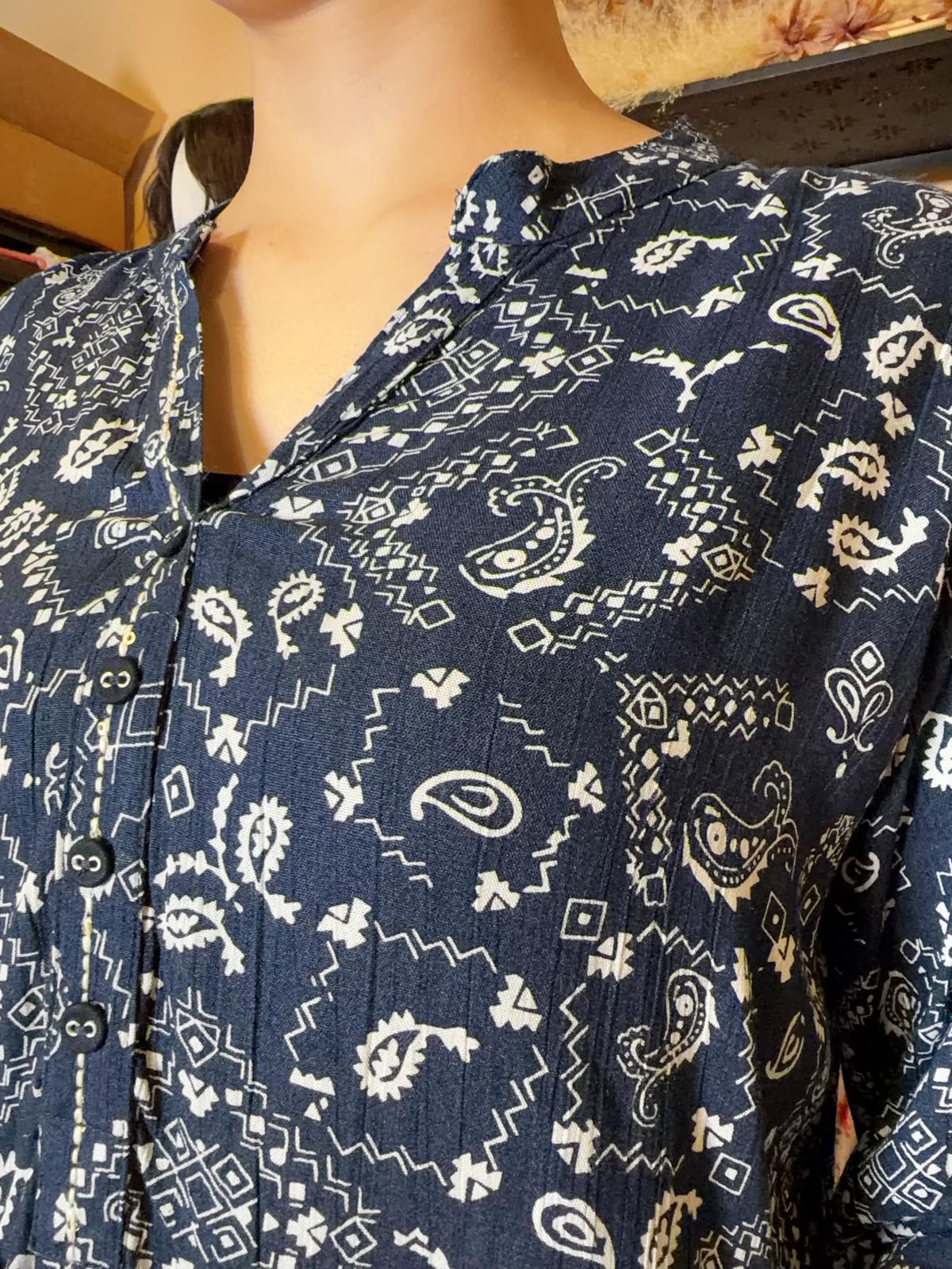 1637 Blue Block Print V-Neck Top