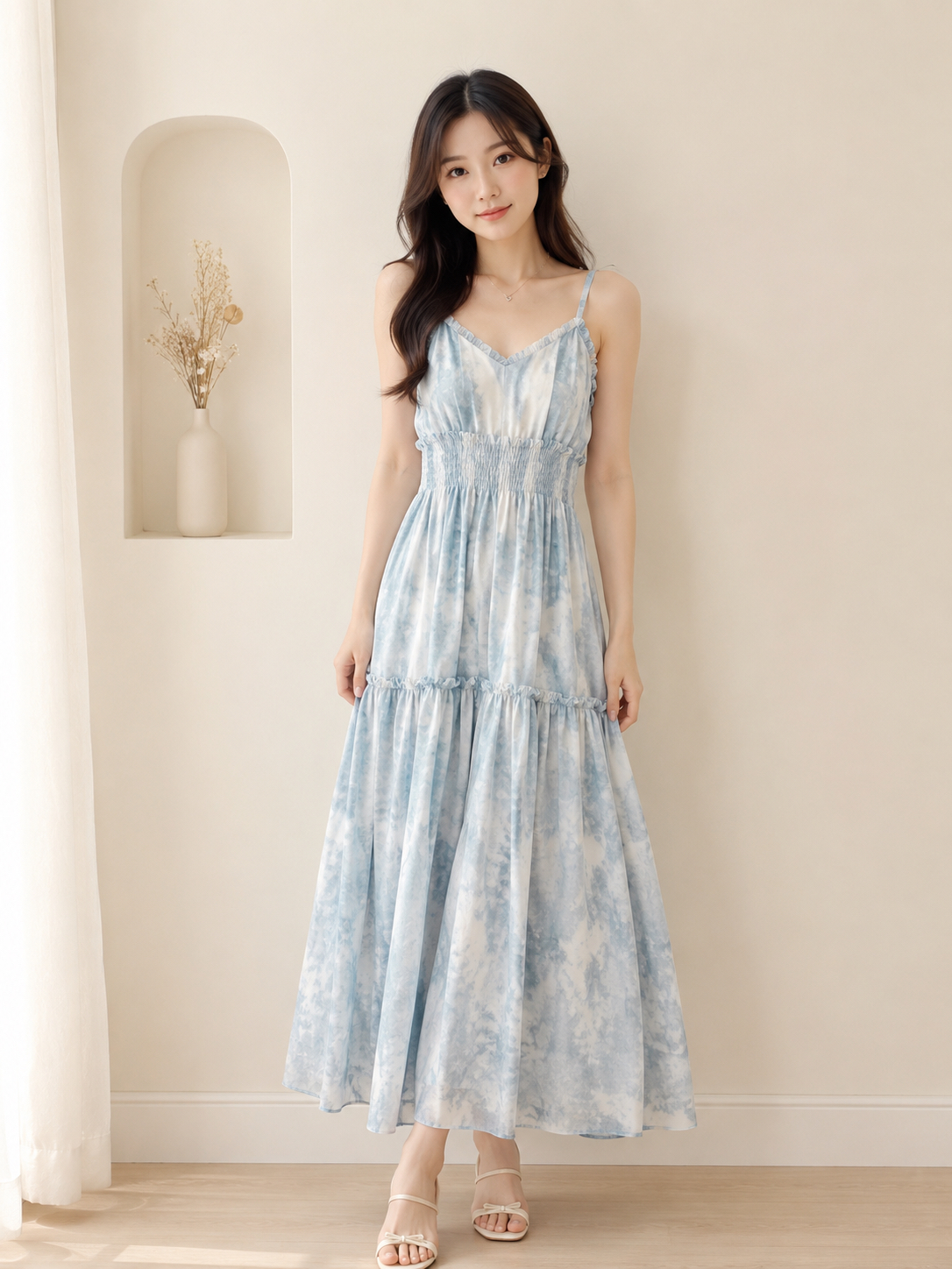 A031134 French-Inspired Tie-Dye Vacation Dress with Ruffle Trim and Spaghetti Straps