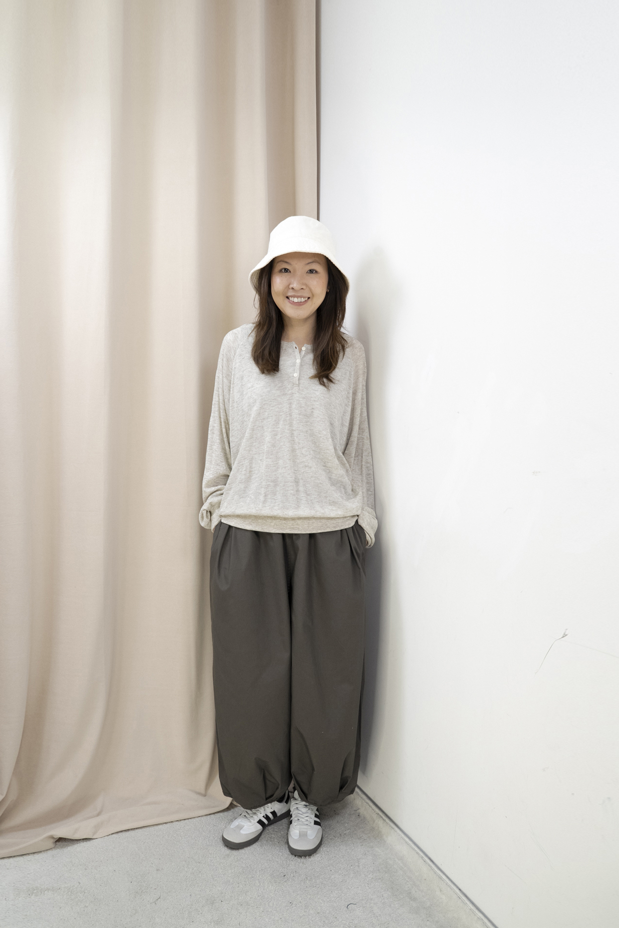 輕軟薄窩夫格紋半開胸上衣（燕麥色）