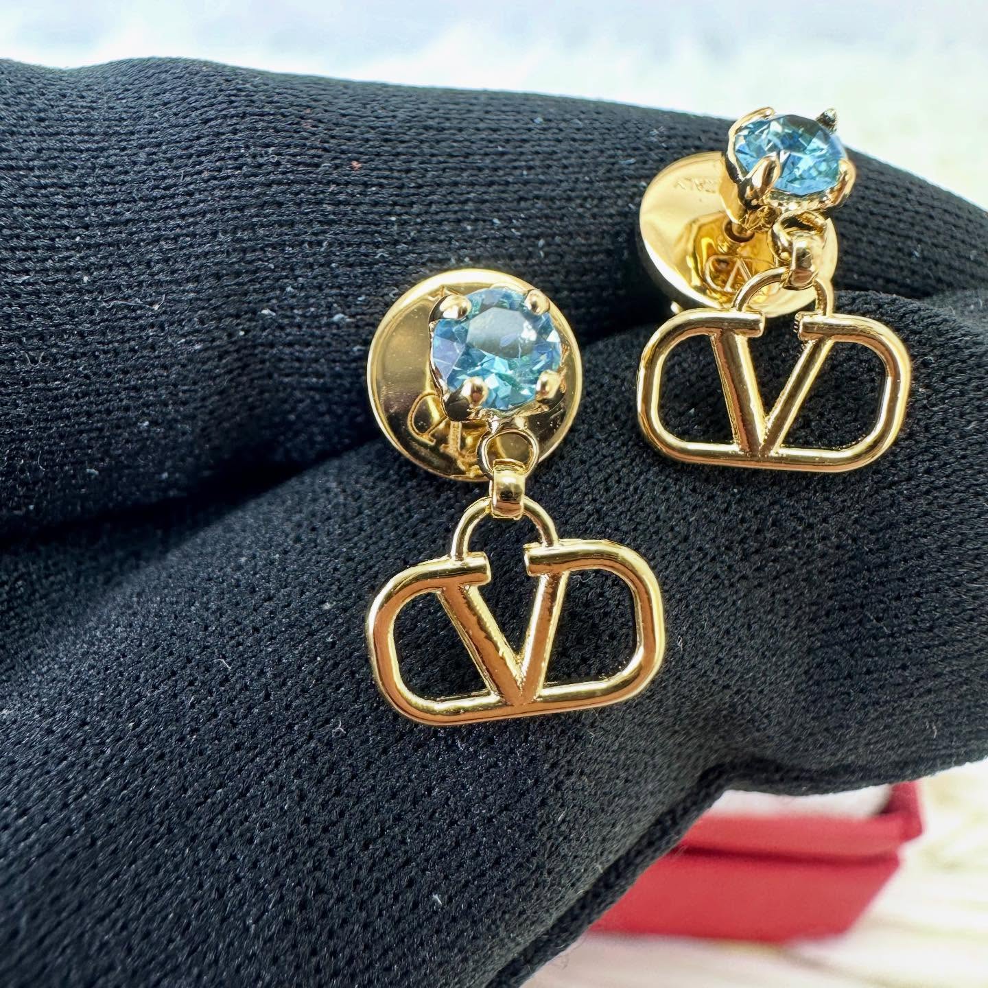 VALENTINO 🤍PRE OWNED GARAVANI Signature 藍金色耳環 全套有盒🩵