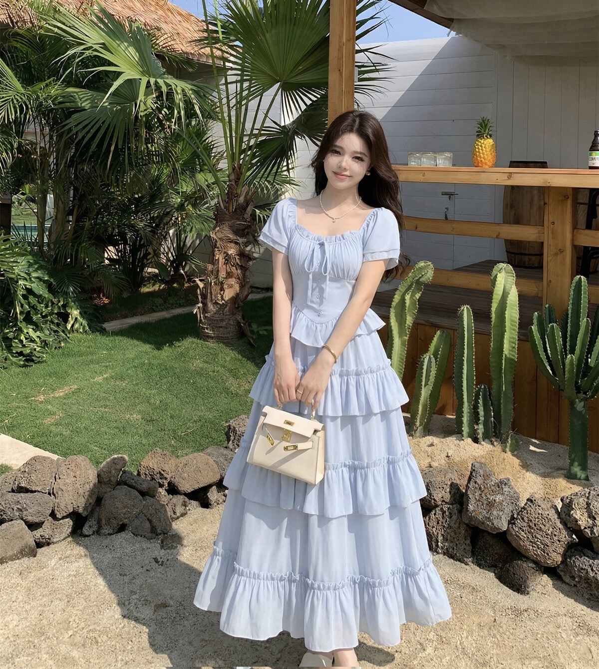 B189(8665) 法式蝴蝶结系带领边显瘦腰荷叶拼下摆层层蛋糕荷叶蓝连身裙 