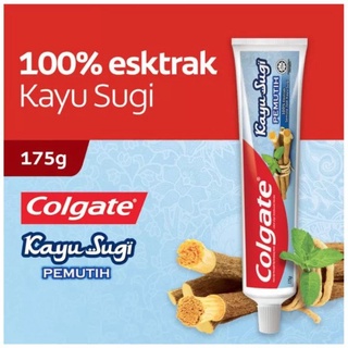 The product is clearly identified as "Colgate Kayu Sugi PEMUTIH" toothpaste. Several search results confirm this, and also specify the weight as 175g. "PEMUTIH" translates to "whitening" in English.Therefore, a concise product title would be "Colgate Kayu Sugi Whitening Toothpaste 175g".Colgate Kayu Sugi Whitening Toothpaste 175g