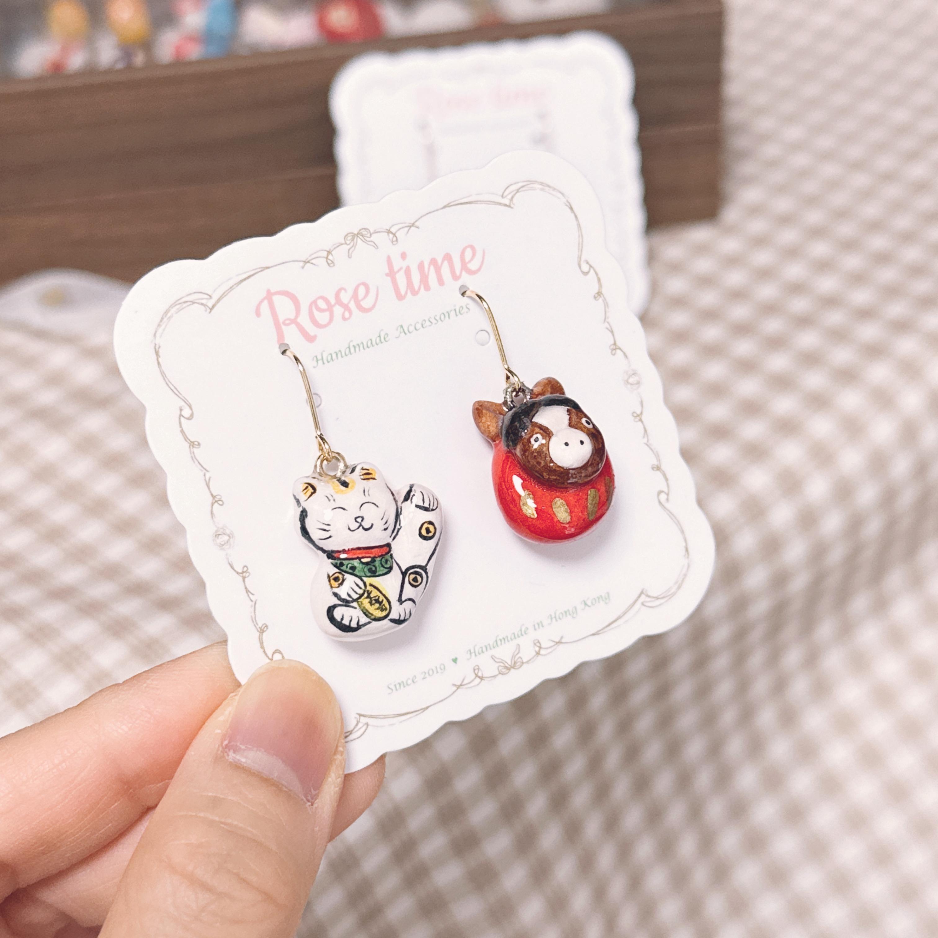 手繪招財貓貓🐱馬年達摩耳環