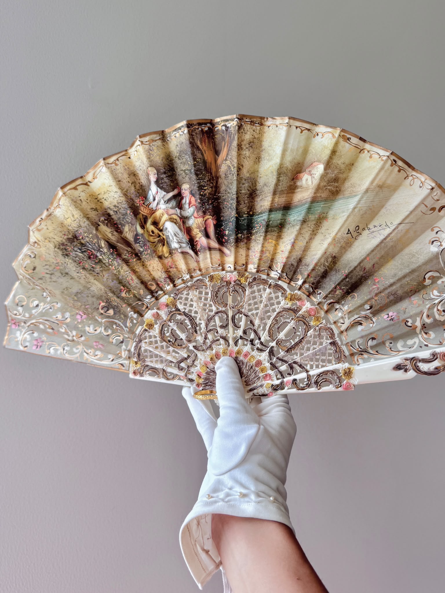 Antique c. 1890–1920 European Hand-Painted & SIgned Rococo Revival Folding Fan (MT2616)