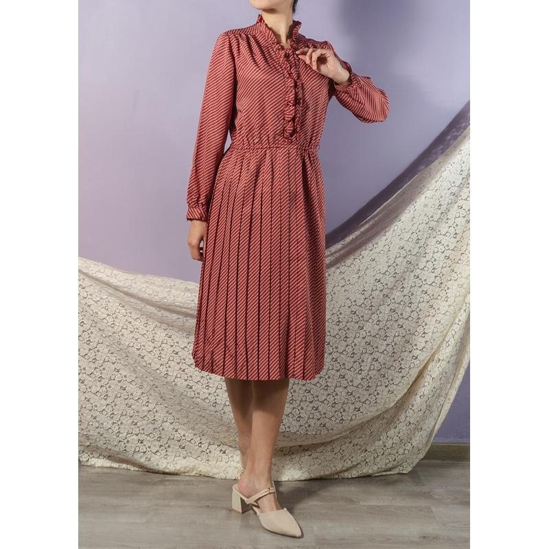 Vintage Japanese Striped Ruffle Trim Elegant Day & Night Pleated Dress (MT1608-143)