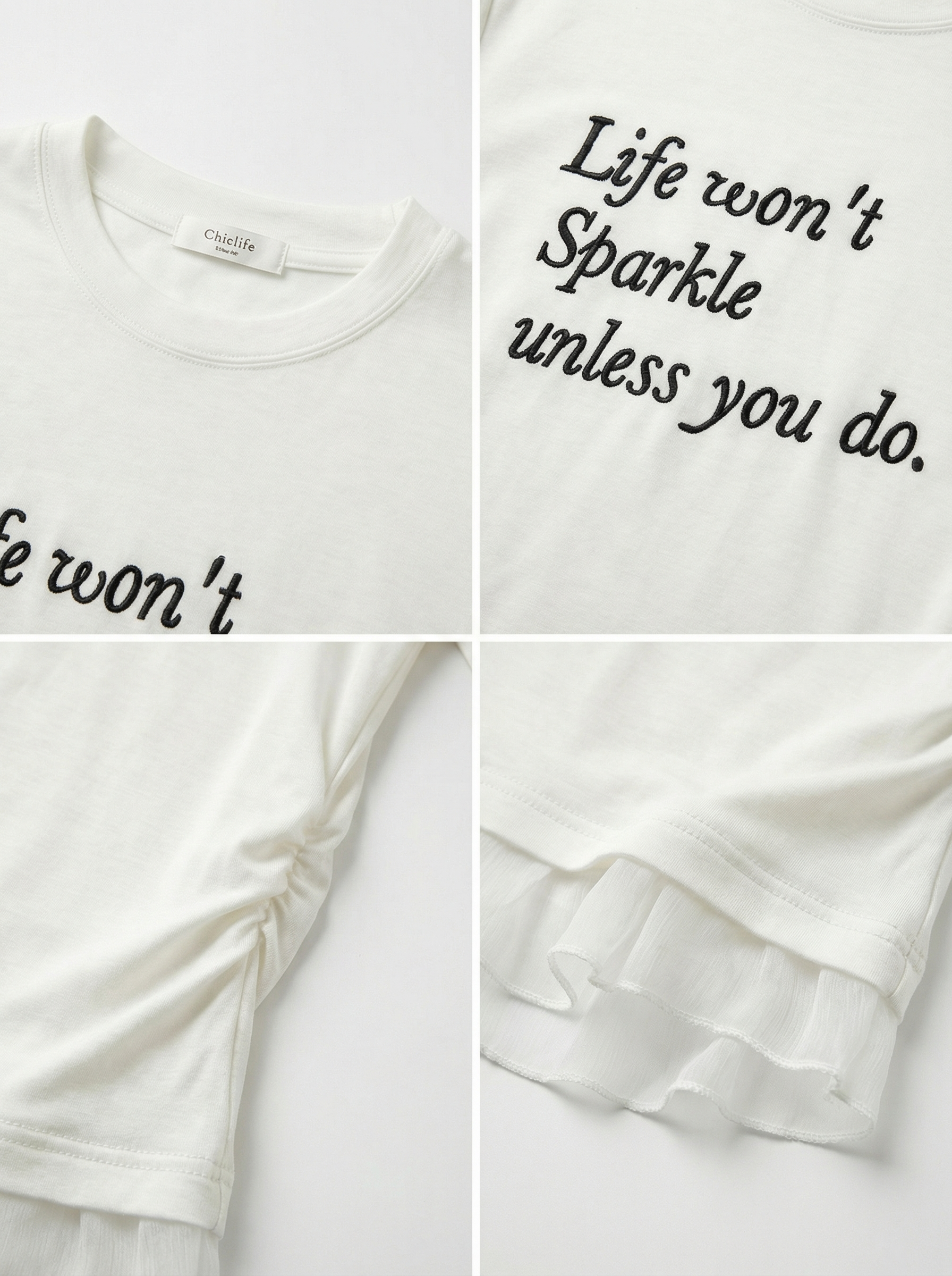 薄紗下擺圓領長袖印字T恤 