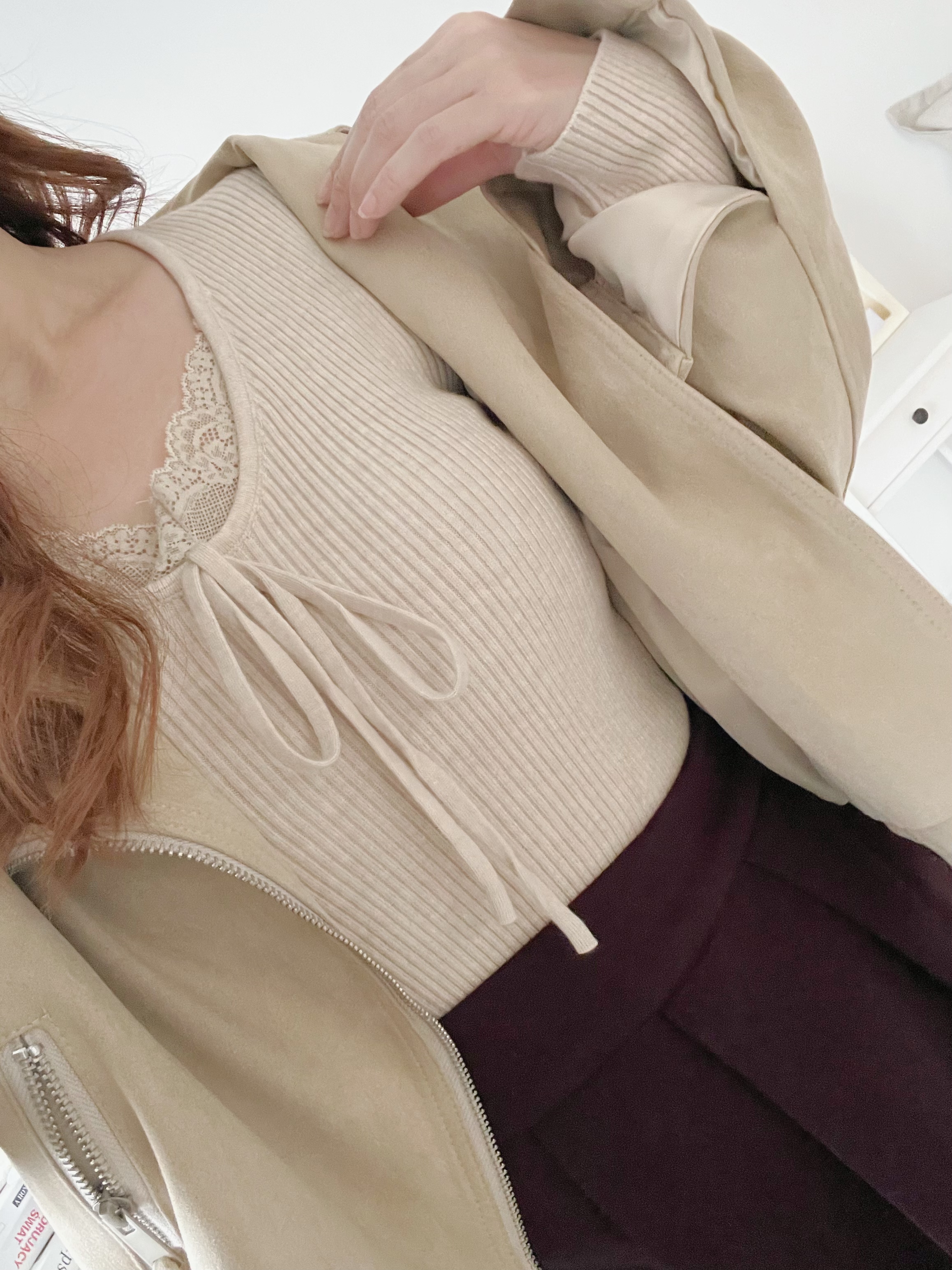 超修身♡蕾絲拼布針織上衣(KR)杏色315653