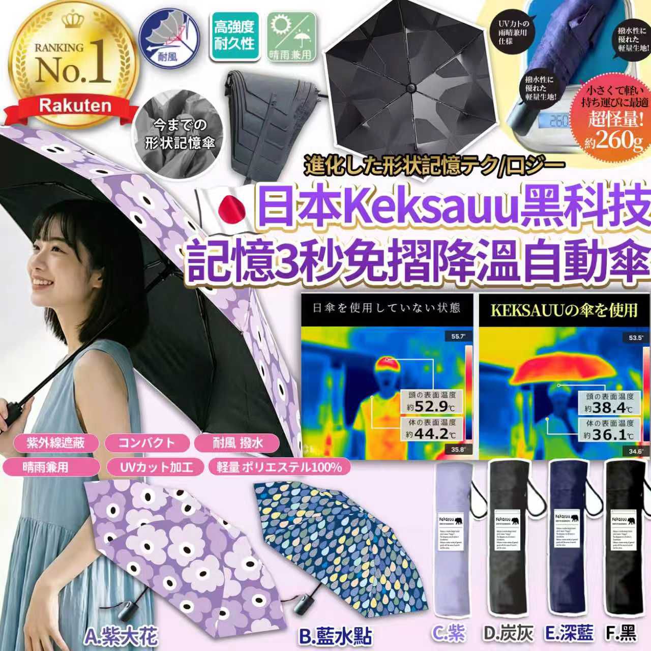 【預訂】日本 Keksauu 黑科技防曬記憶3秒免摺超撥水降溫自動傘