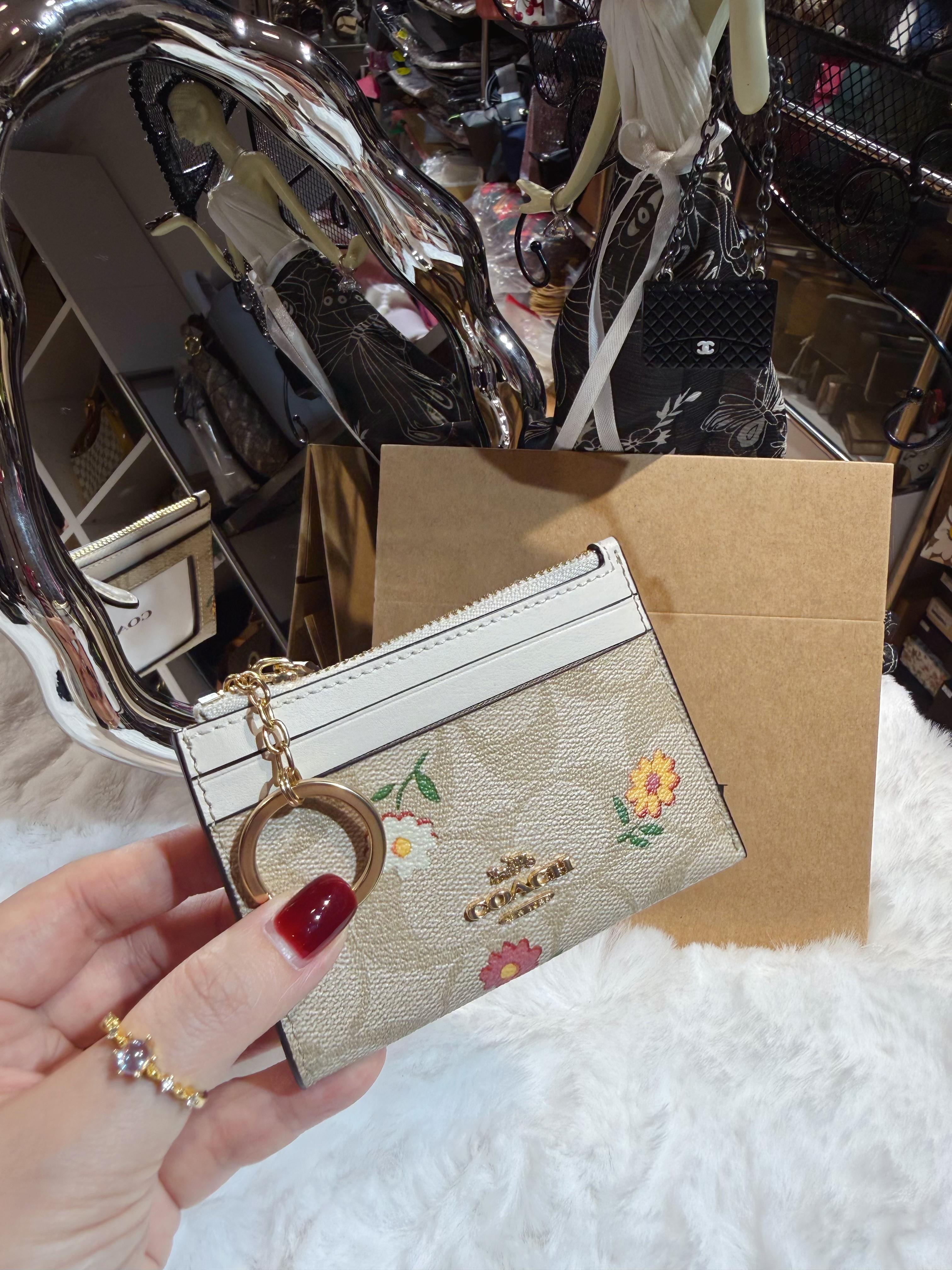 Coach card coin case white/m/floral