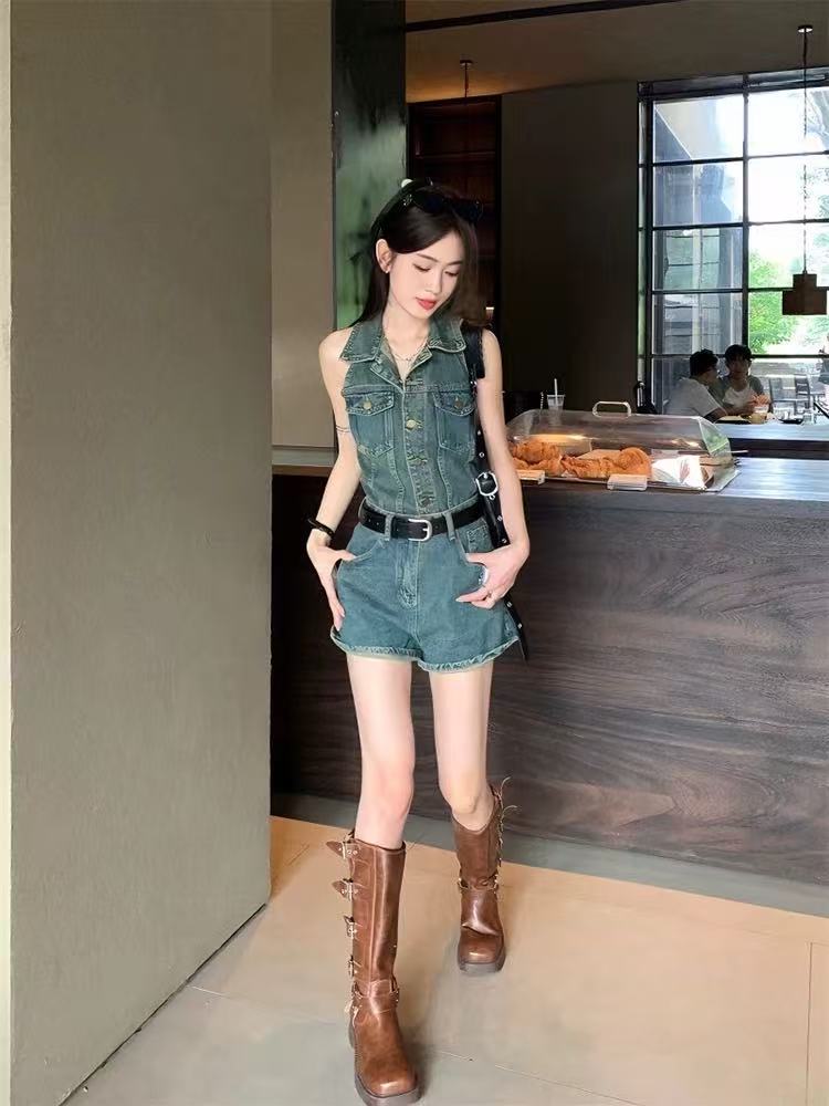 S10014单排扣连衣短裤