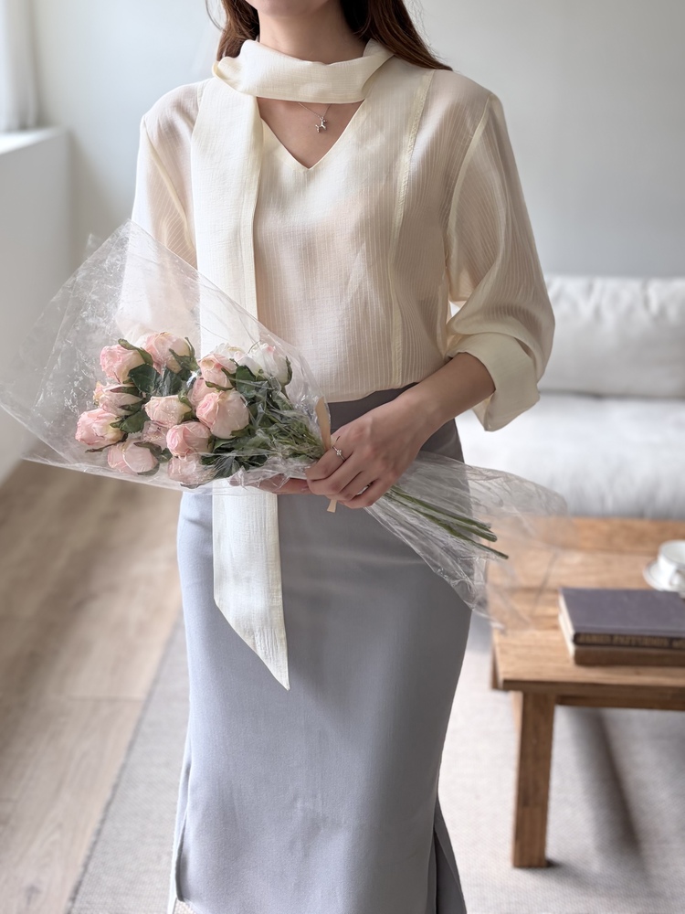 Aurelie Scarf-Tie Blouse (Cream)