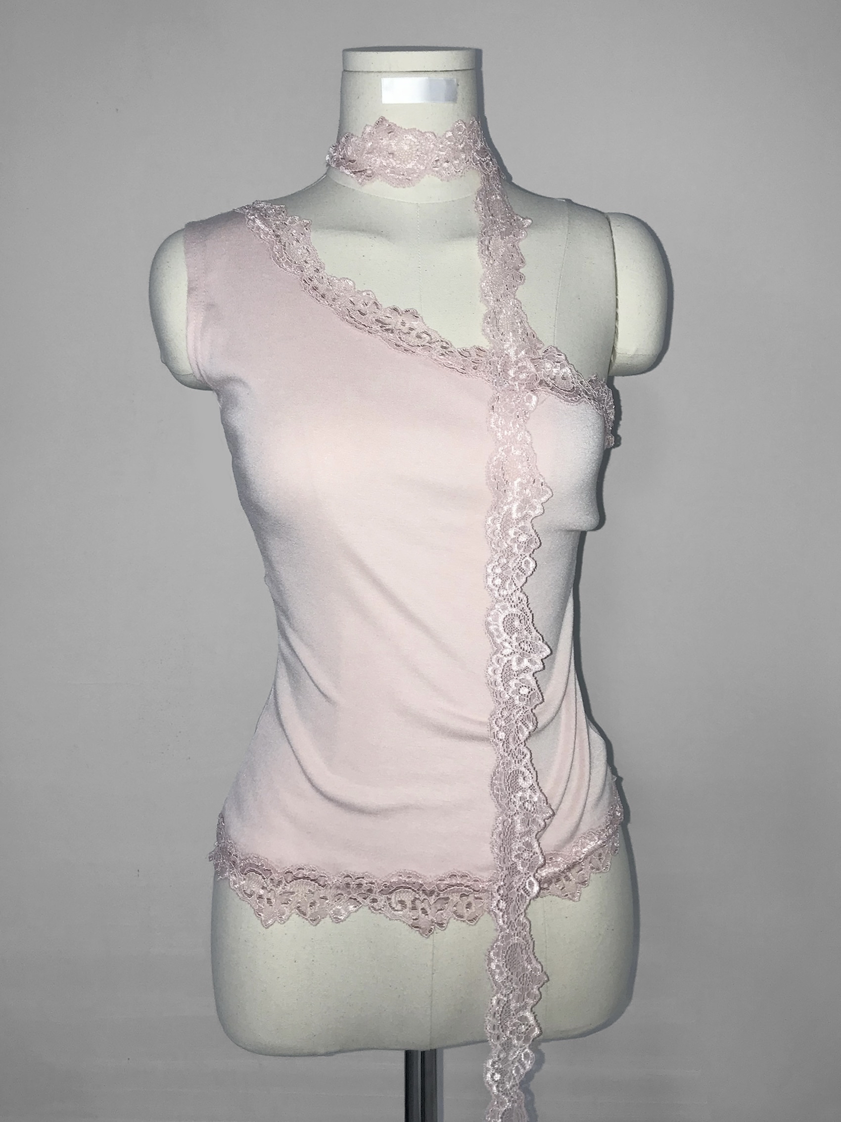 Asymmetrical One-Shoulder Lace Trim Top with Scarf