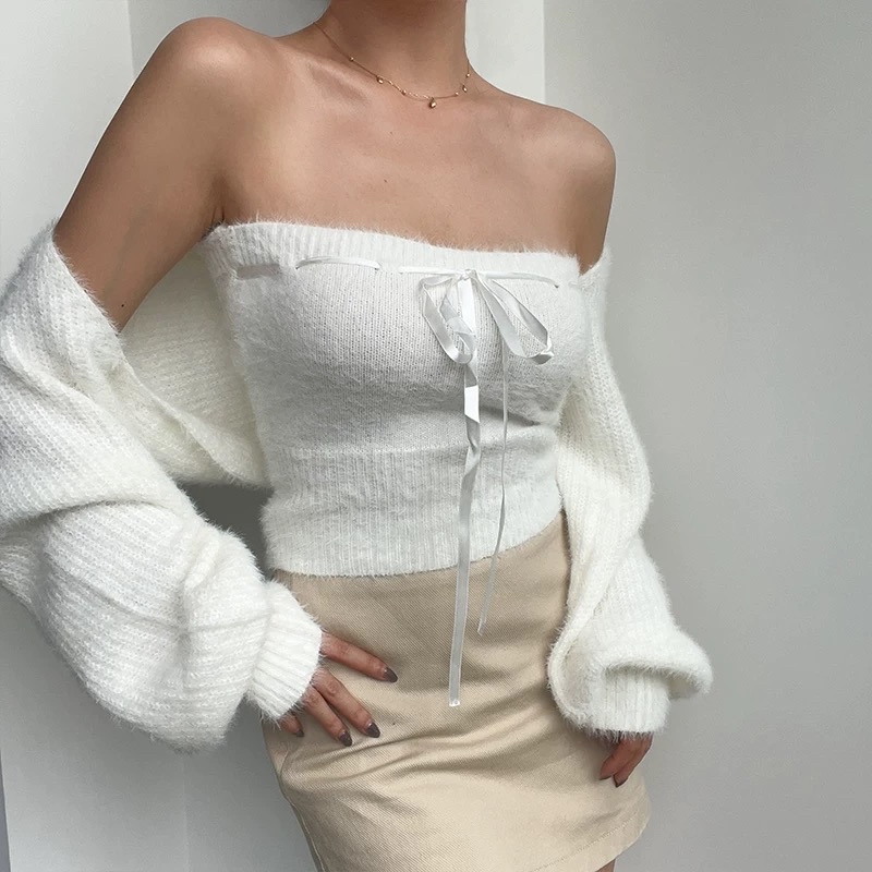 韓國毛毛抹胸綁帶蝴蝶結+罩衫外套