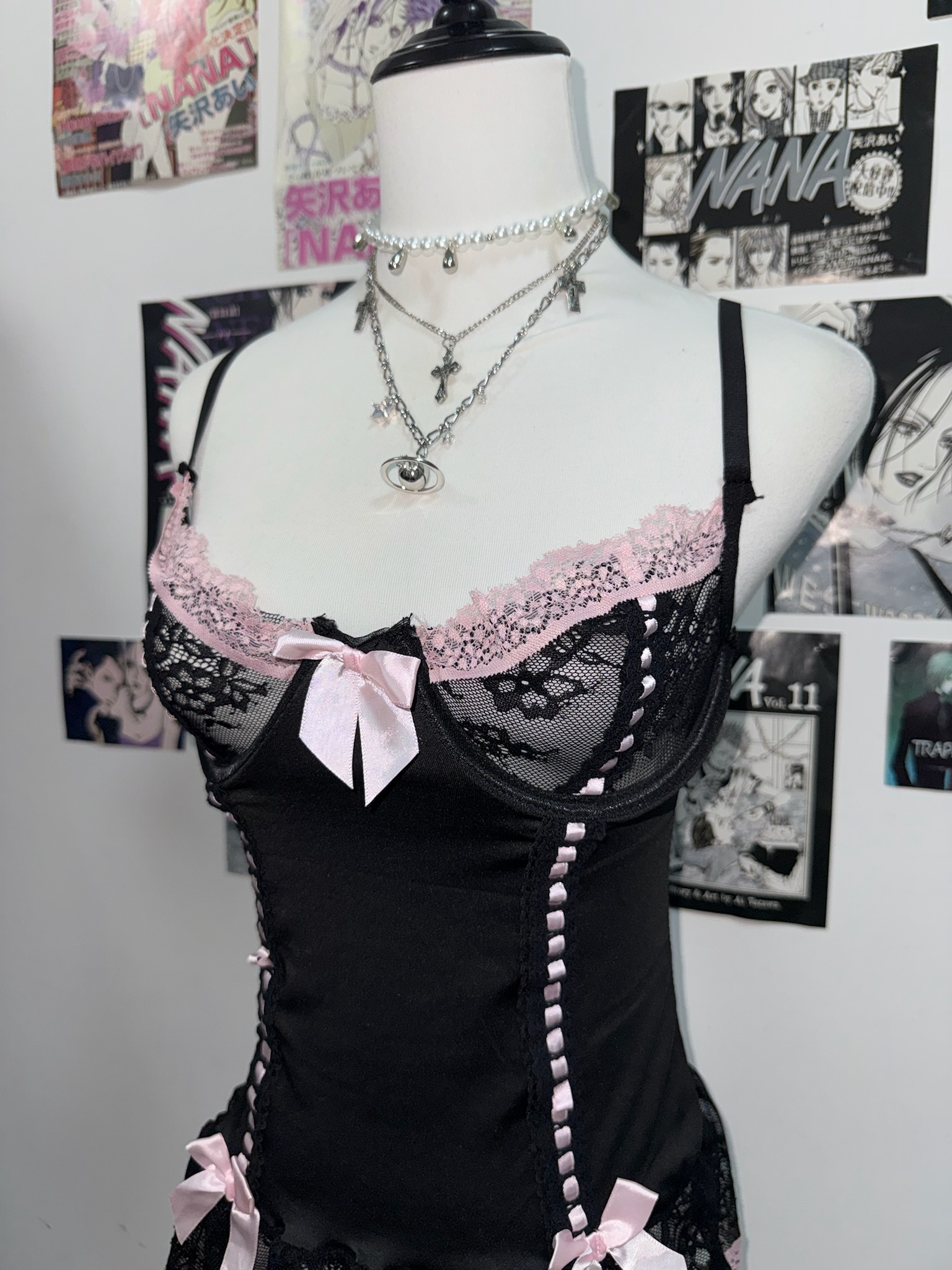 [On sale]Boudoir Ribbon Black Corset with Pink Lace Trim