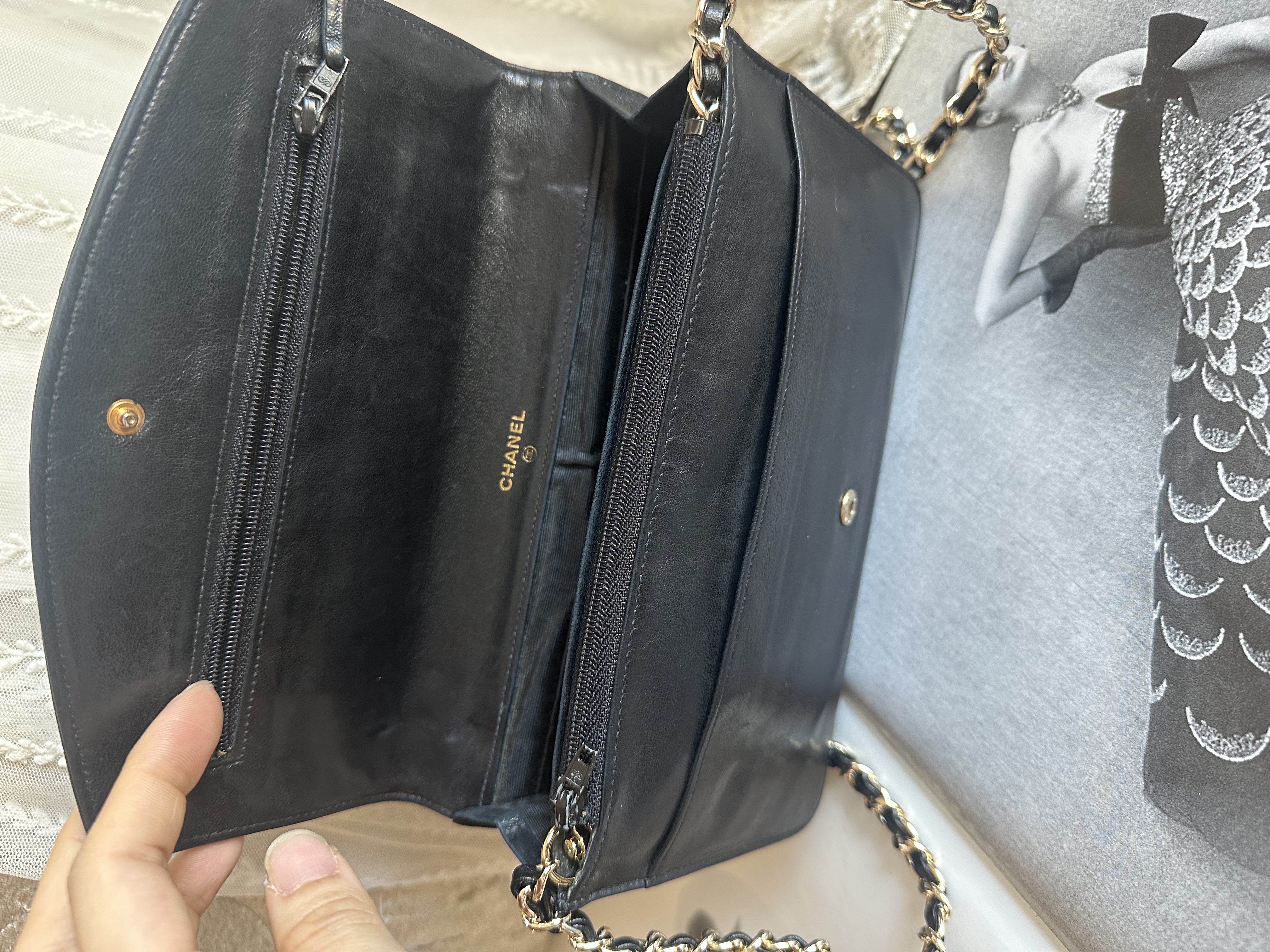 vintage chanel cc black lamb leather long wallet