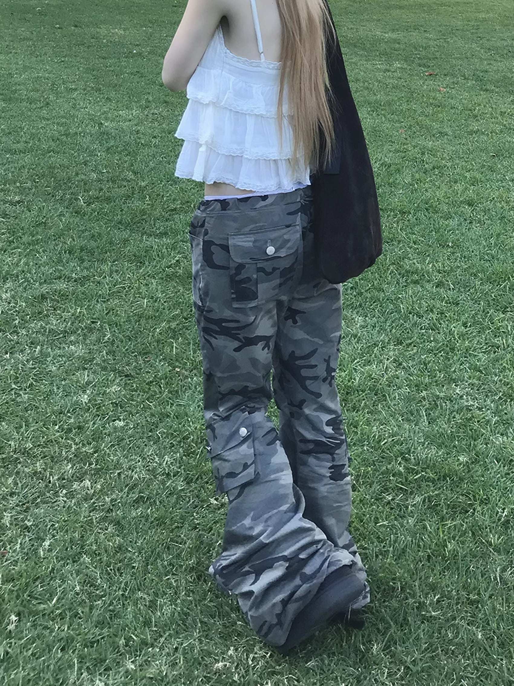 Camo Low-Rise Flare Cargo Pants