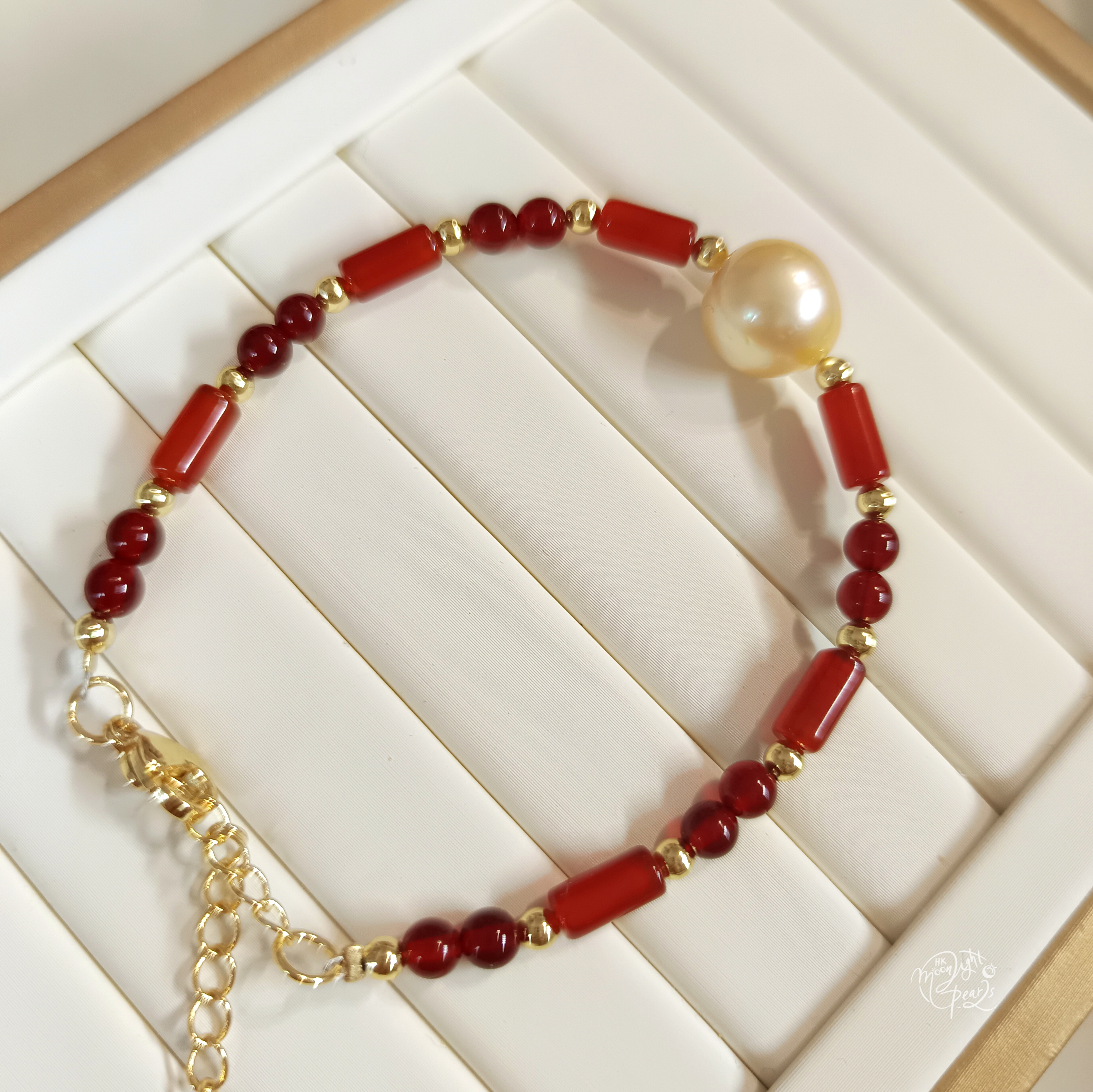 正圓強光南洋海水金珠+天然紅瑪瑙注金愛心尾鍊扣手鍊