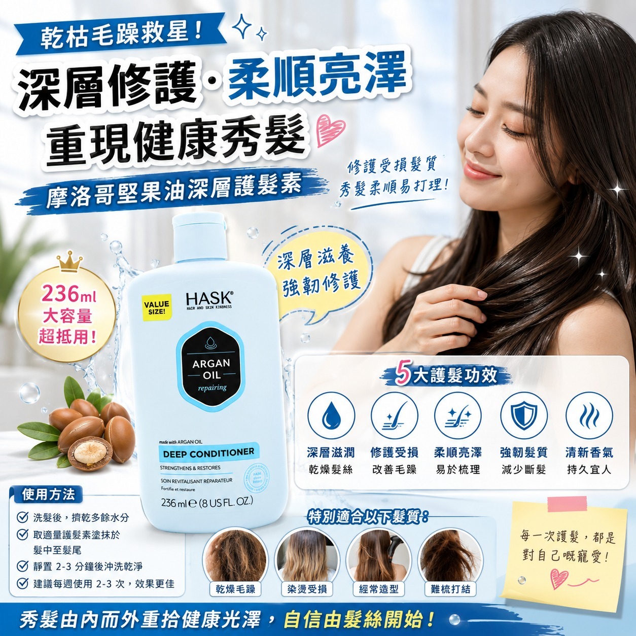 【預訂】美國製造 HASK 摩洛哥堅果油深層護髮素 236ml (1套2支)