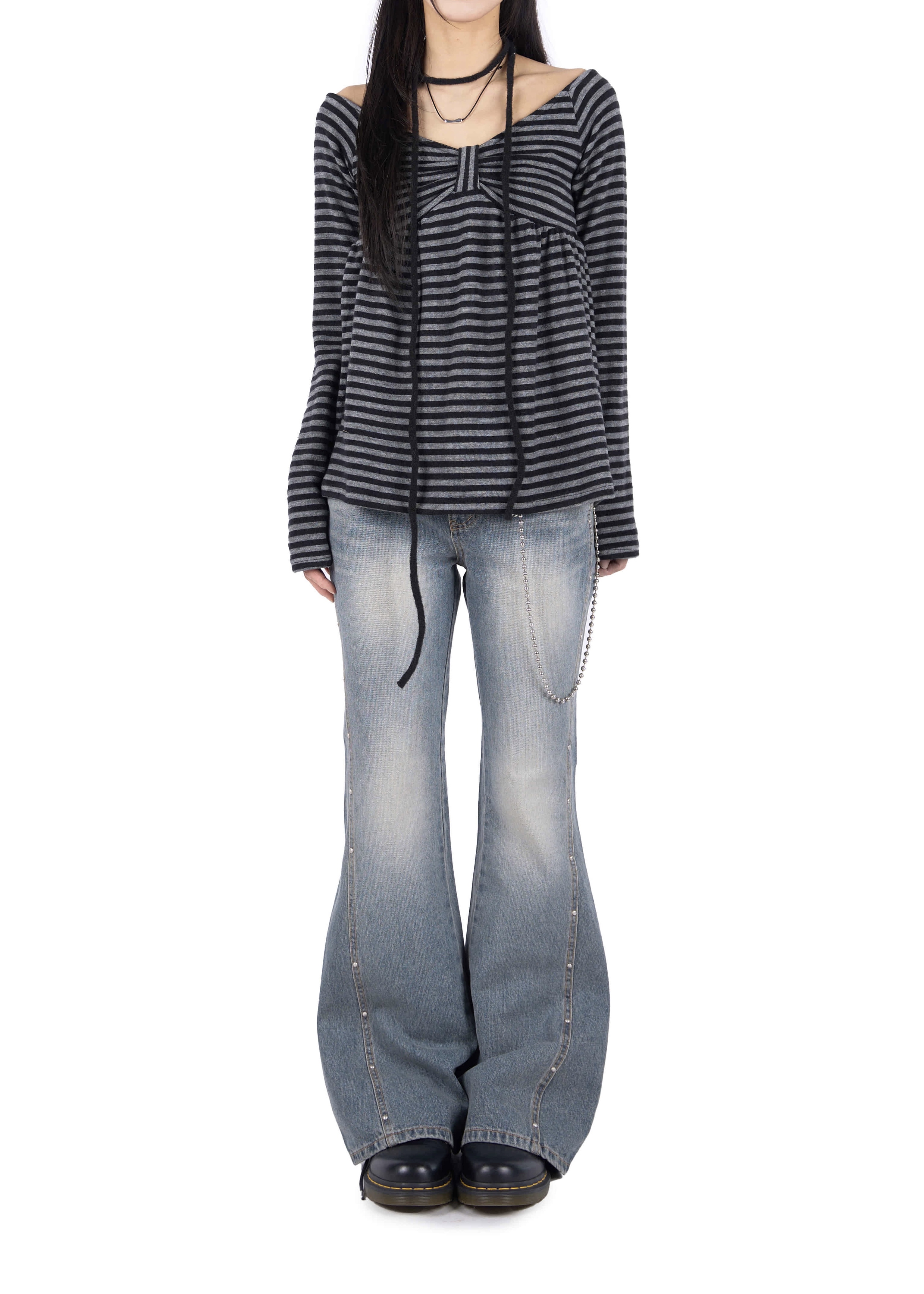 Striped Bow Ruched Long Sleeve