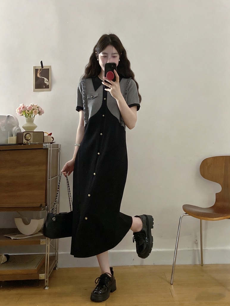 B185(6709) 韩系气质假两件拼接撞色灰外套型黑针织连身裙