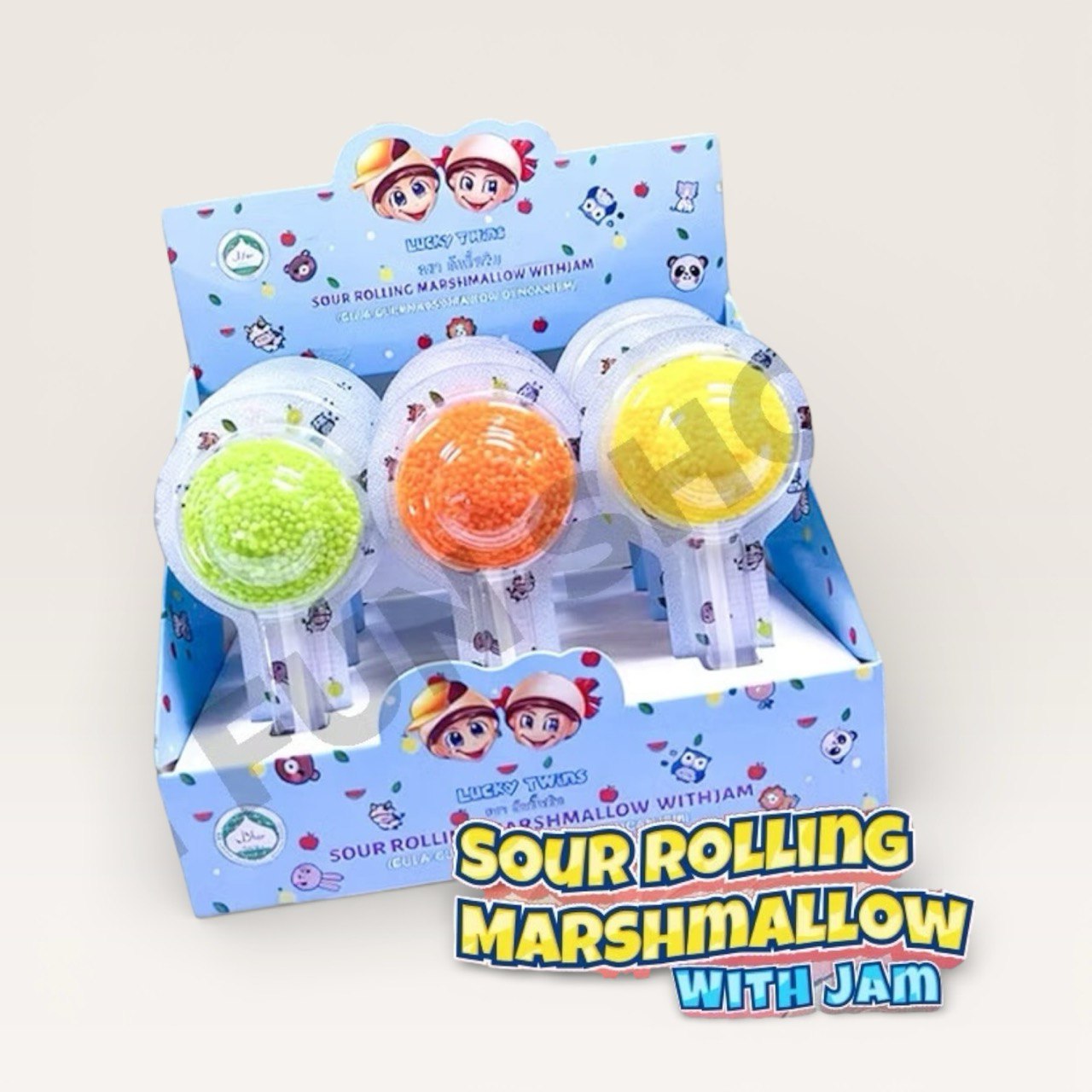 12pcs Lucky Twins Sour Rolling Marshmallow with jam lollipop (HALAL)