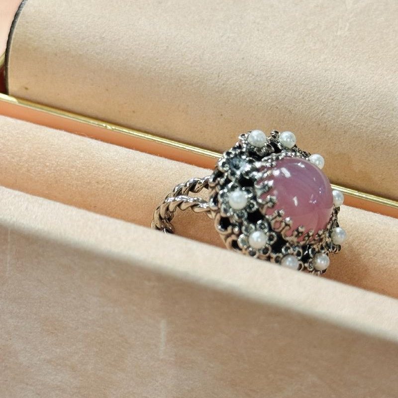 c.a.1960s German New Old Stock Pink Glass Pearl Bead Ring - Adjustable Size(C015)