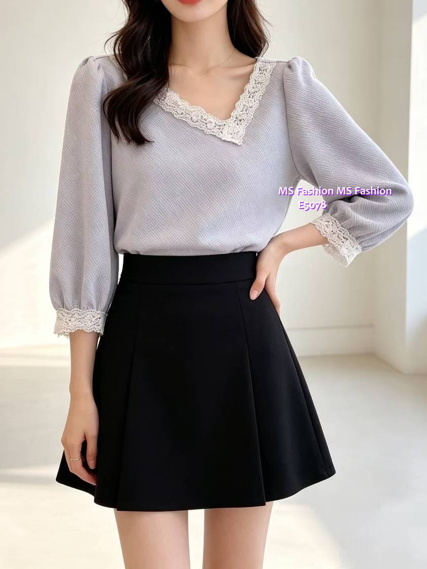 E5078 特色V領拼lace top