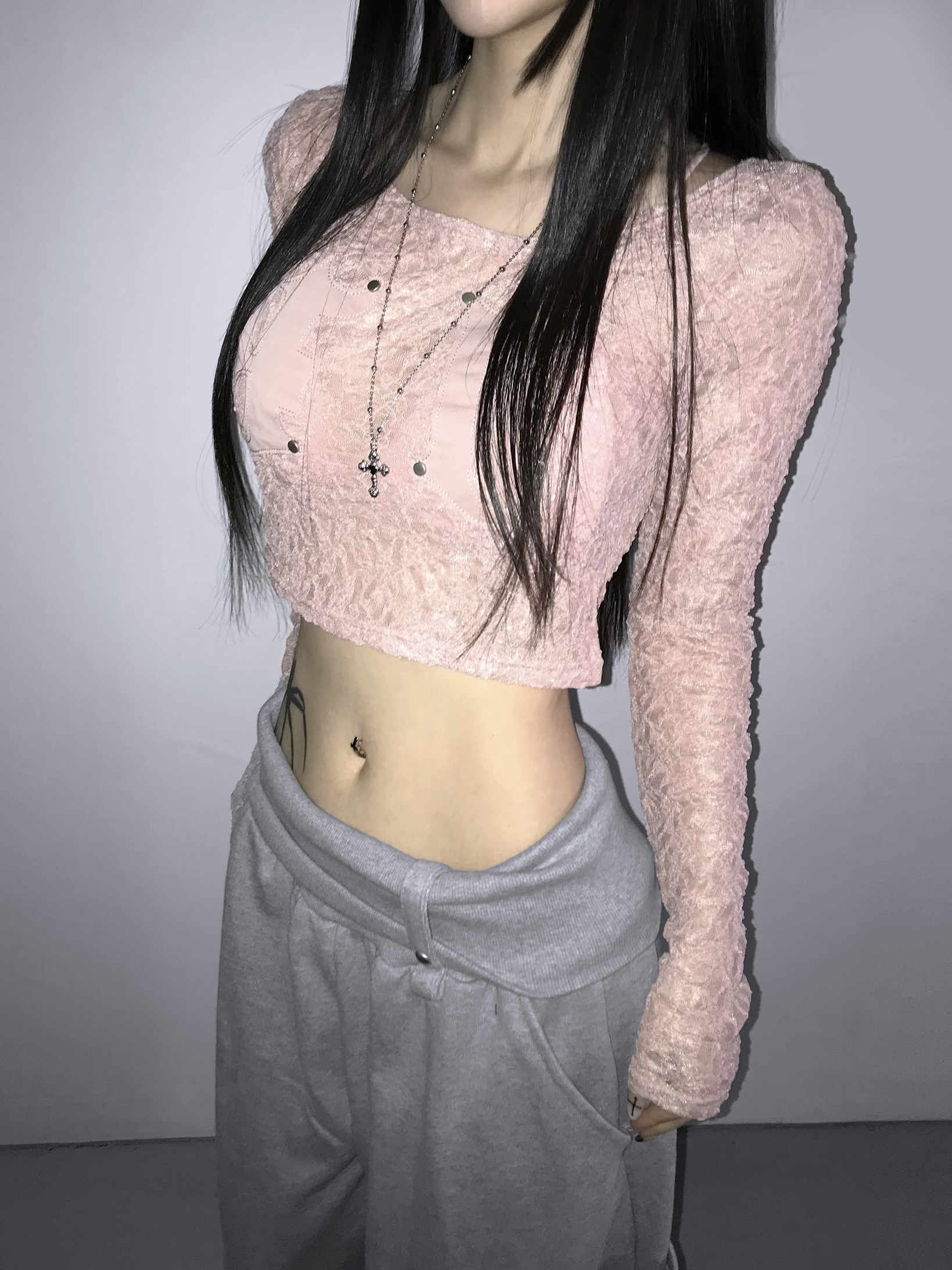 Sheer Lace Round Neck Crop Top