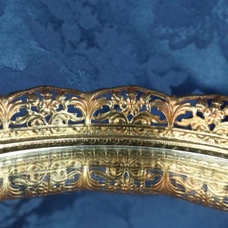 C.a. 1960-70s Stamped Filigree Gold Tone Round Mirror Tray / Vanity Tray (MT1686)