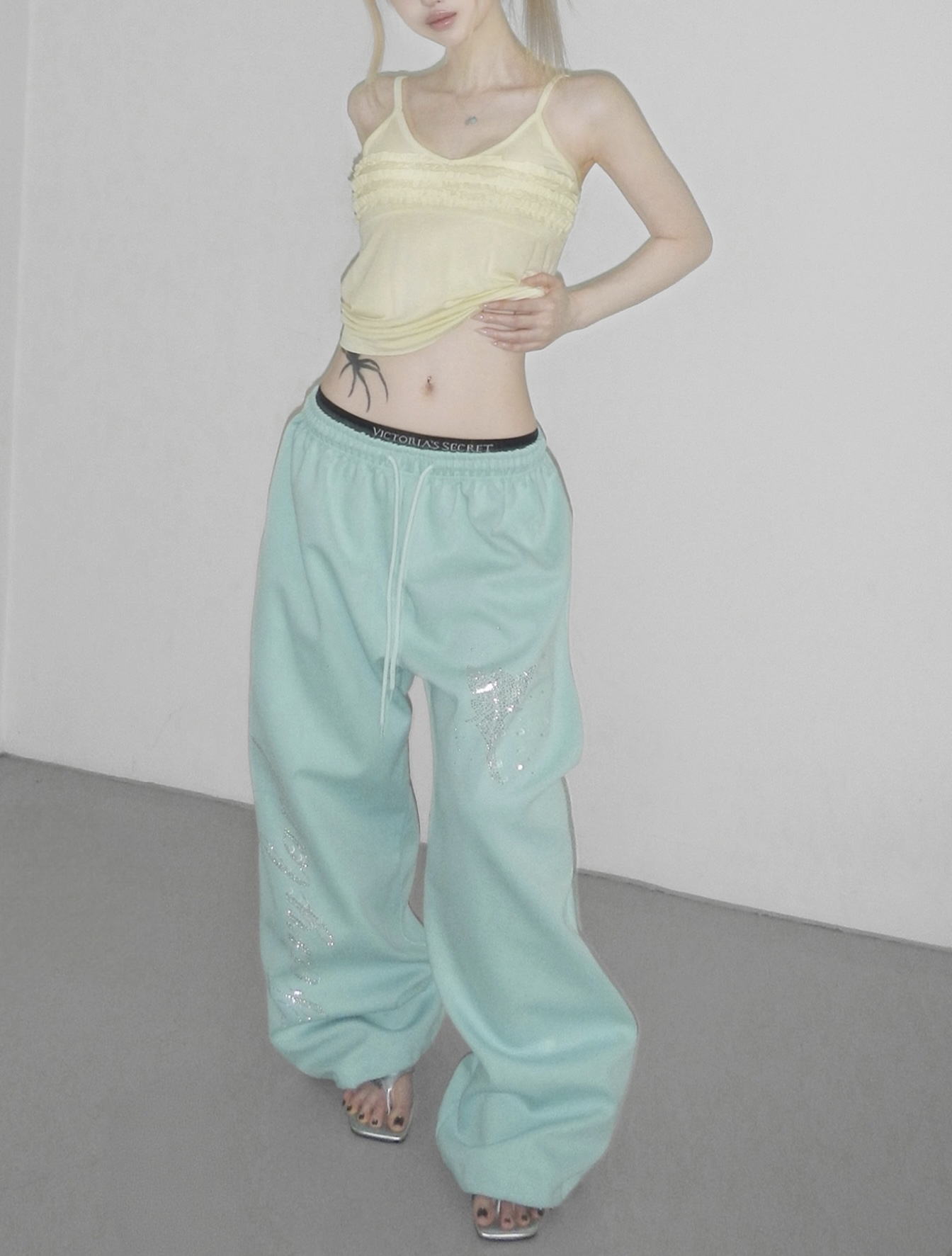 Rhinestone Graphic Wide-Leg Pants